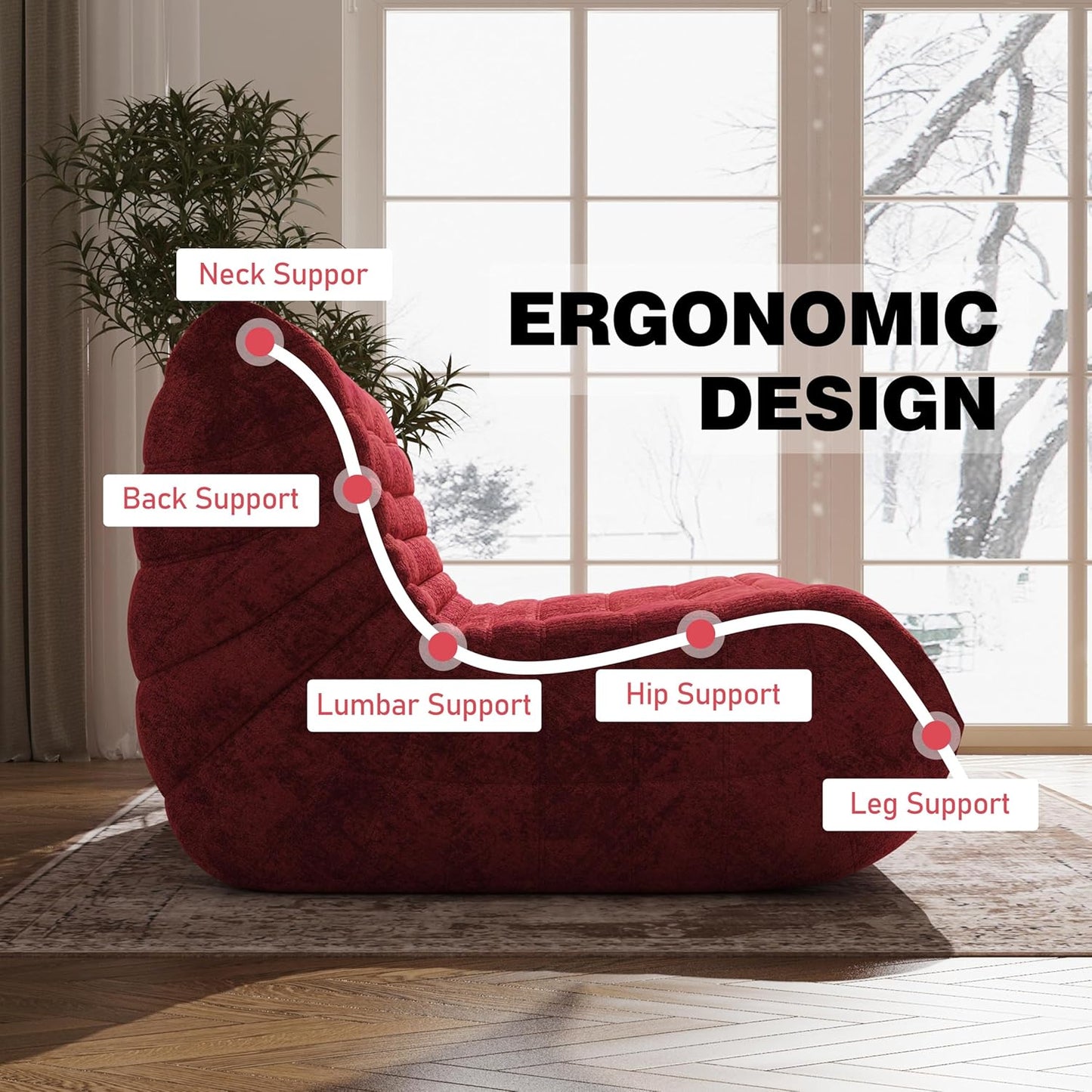 Bean Bag Chair, Loveseat Fireside Chair Bean Bag Sofa Large Bean Bag Chair for Adults, 2 Seater Bean Bag Chairs for Teens with High Density Comfortable Foam, Bean Bag for Living Room (Red)