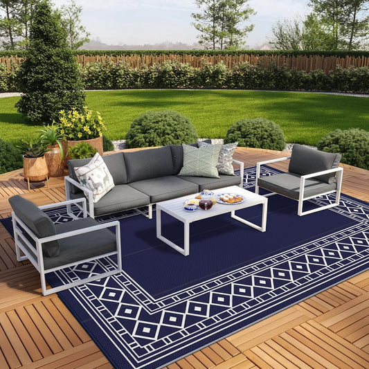 GENIMO Outdoor Rug Waterproof for Patio Decor, 9'x12' Foldable Reversible Plastic Straw Carpet for Travel Trailers, Outside Area Mat for Rv, Deck, Picnic, Porch, Camper, Balcony, Beach, Blue & White
