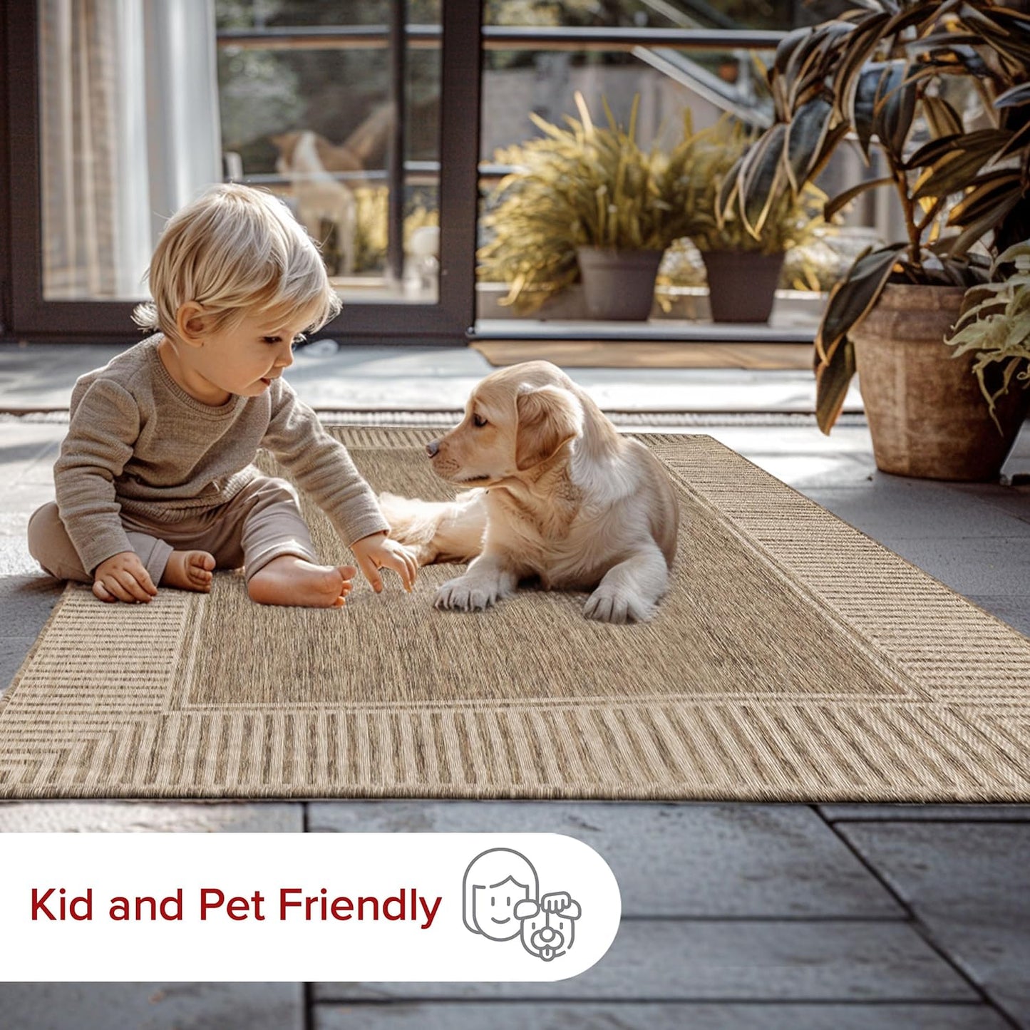 nuLOOM 6' 7" x 9' Outdoor Area Rug, Casual Design With Striped Border, Stain Resistant, Highly Durable, For Patio, Balcony, Bedroom, Living Room, Dining Room, Bathroom, Light Brown