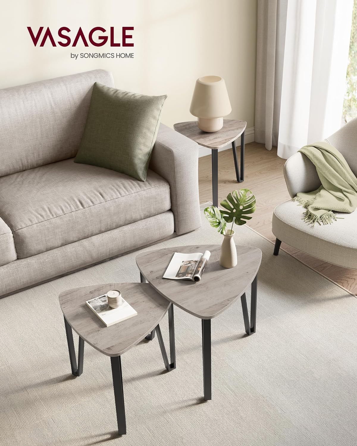 VASAGLE Nesting Coffee Tables, End Tables Set of 2 for Living Room Bedroom, Industrial Small Stacking Side Tables with Metal Frame for Couch, Heather Greige and Black ULET013B02