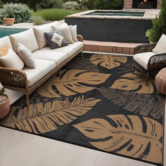 GAOMON Outdoor Patio Rug 9x18 Waterproof Outdoor Plastic Straw Rug Reversible Camping Mat, Foldable Portable RV Picnic Carpet with Bag & 4 Stakes, UV Resistant Outside Carpet for Deck Balcony, Brown