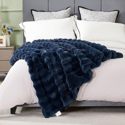 DREAMNINE Large Soft Thick Fuzzy Bubble Faux Rabbit Fur Blanket - Queen Size 80" x 90",Double Sided Comfy Plush Warm Shaggy Fluffy Blankets, Luxury Big Cozy Cute Textured Furry Bed Blanket, Navy Blue