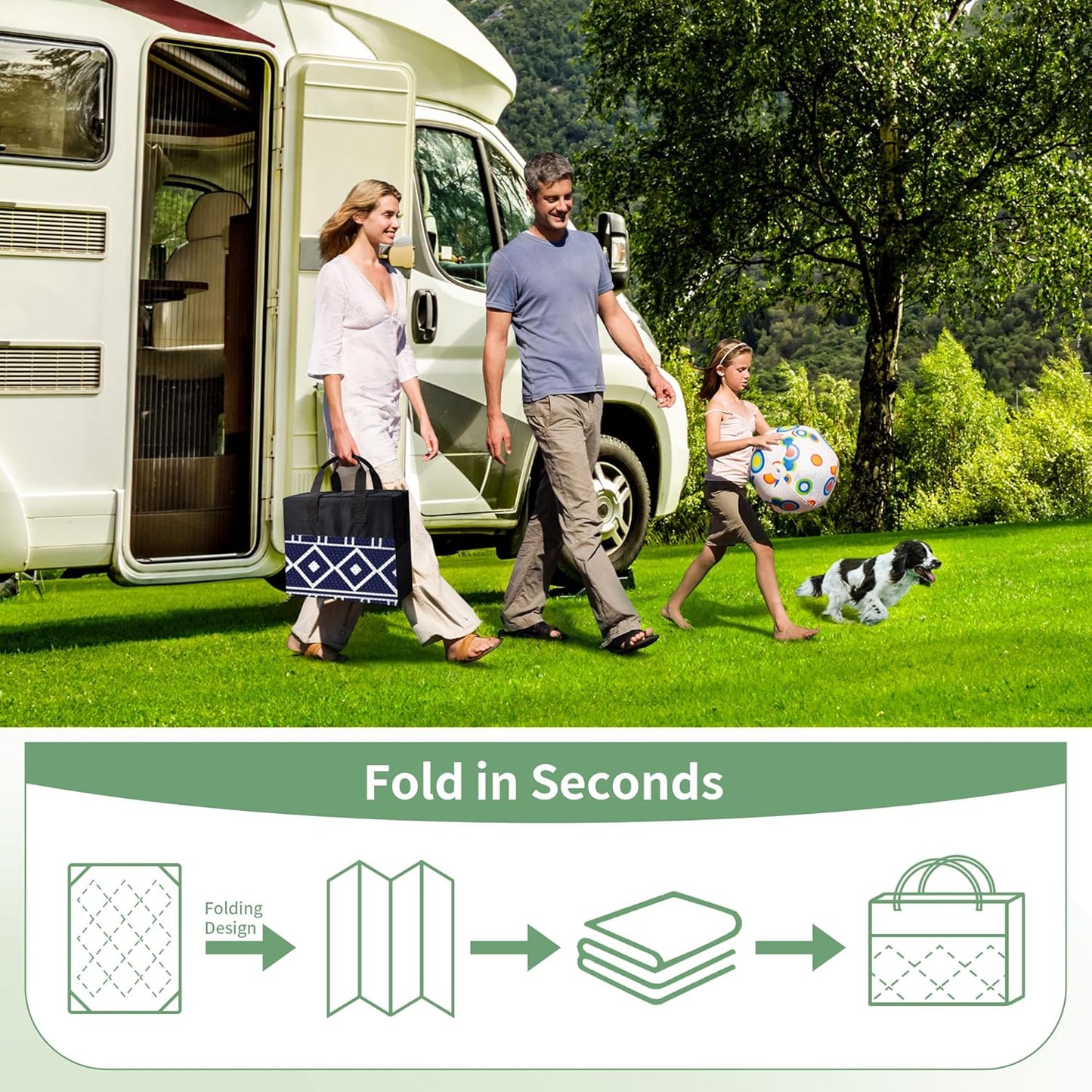 GENIMO Outdoor Rug Waterproof for Patio Decor, 6'x9' Foldable Reversible Plastic Straw Carpet for Travel Trailers, Outside Area Mat for Rv, Deck, Picnic, Porch, Camper, Balcony, Beach, Blue & White
