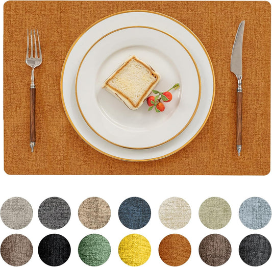 Romanstile Vinyl Placemats Set of 12-12 X 18 Inch - Heat Resistant Place Mats 100% Waterproof Oilproof Wipeable Reversible Faux Leather Table Mats for Kitchen/Dining/Party/Outdoor, Orange