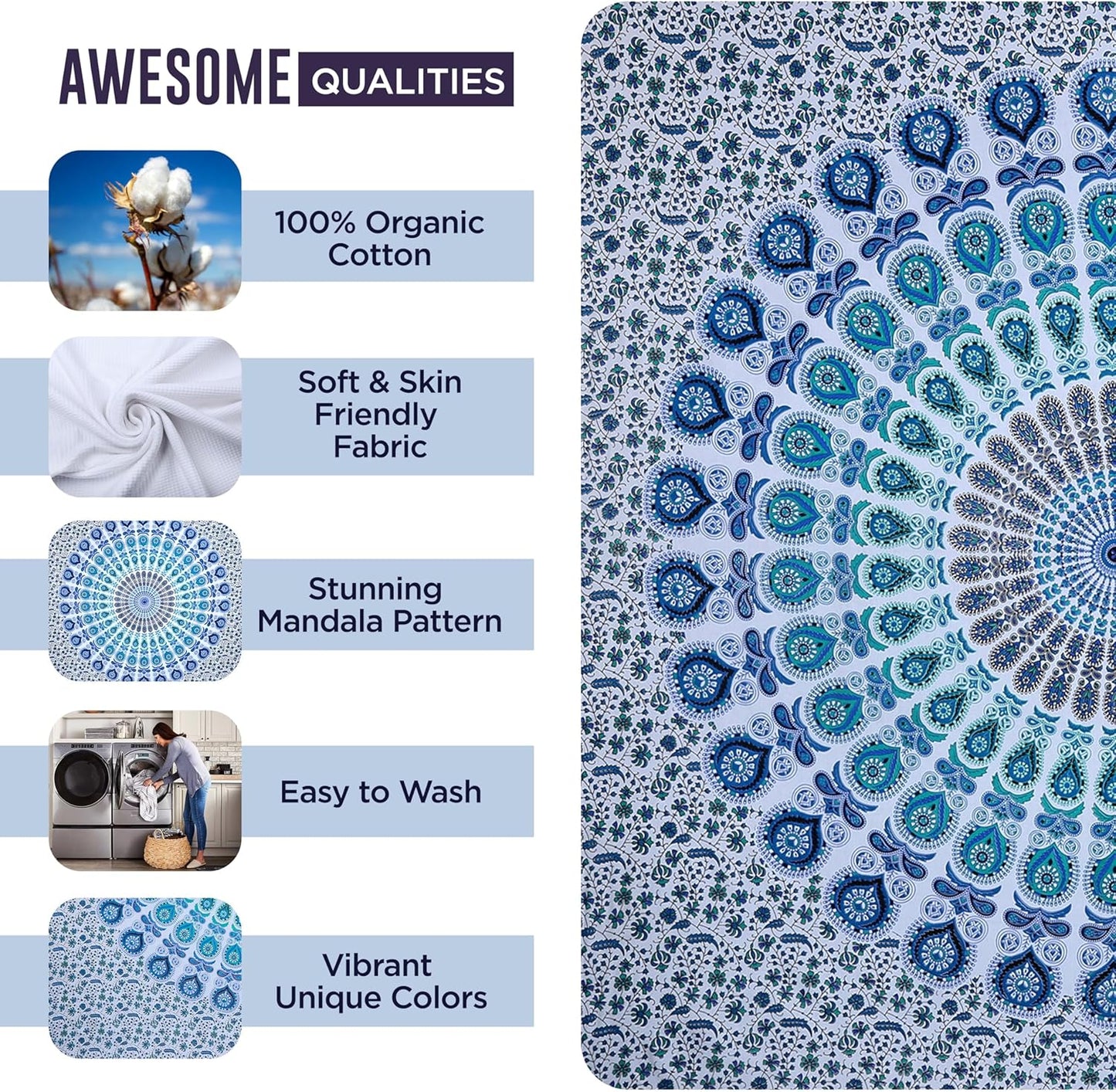 raajsee White Blue Tapestry- Best Mandala Wall Hanging- Bedding Tapestry For Bedroom Aesthetic-Size QUEEN 210 X 220 CMS