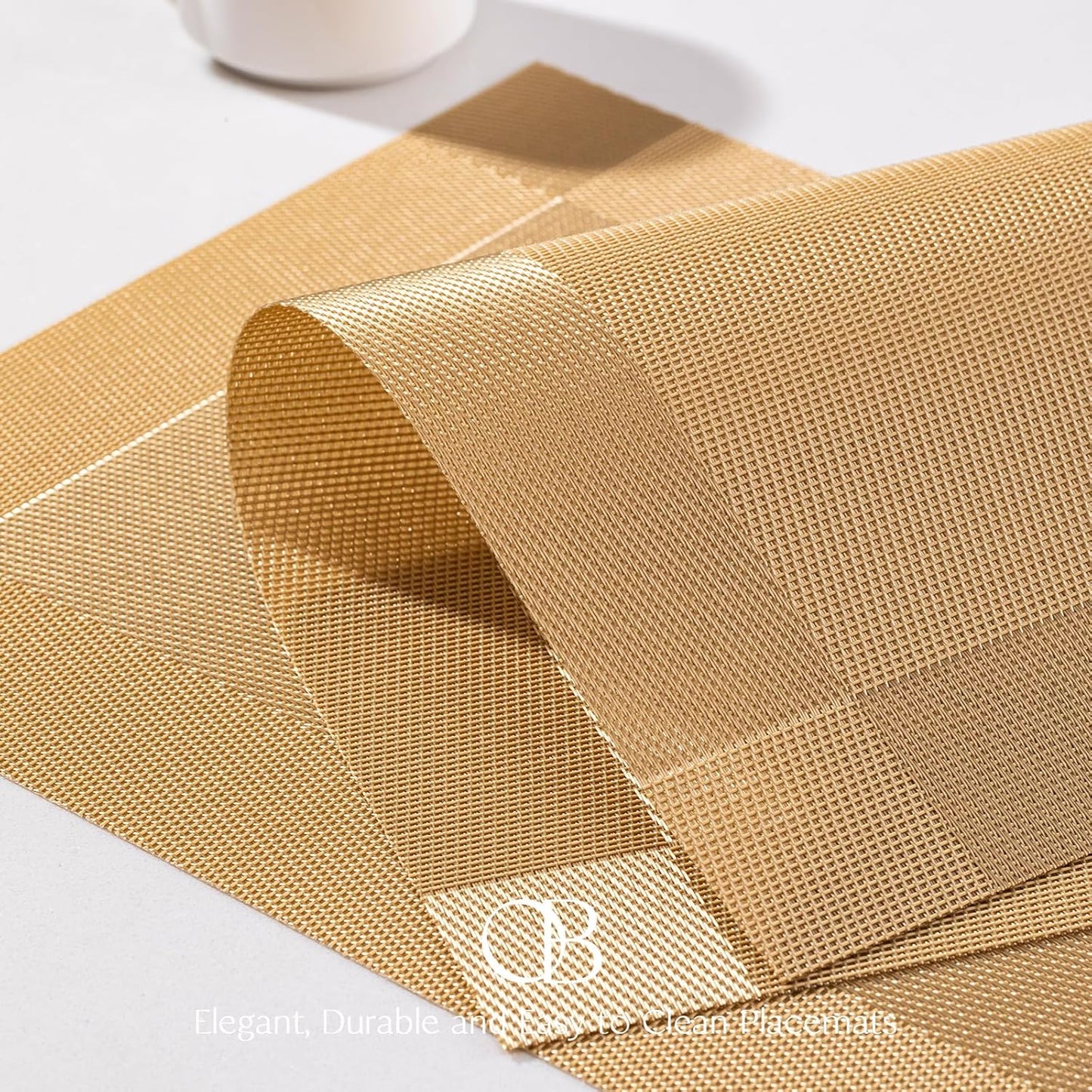 Placemats Set of 6 - Easy Clean Woven Vinyl Placemats for Dining Table, Indoor/Outdoor Place Mats, Washable PVC Table Mats（Gold Cube）