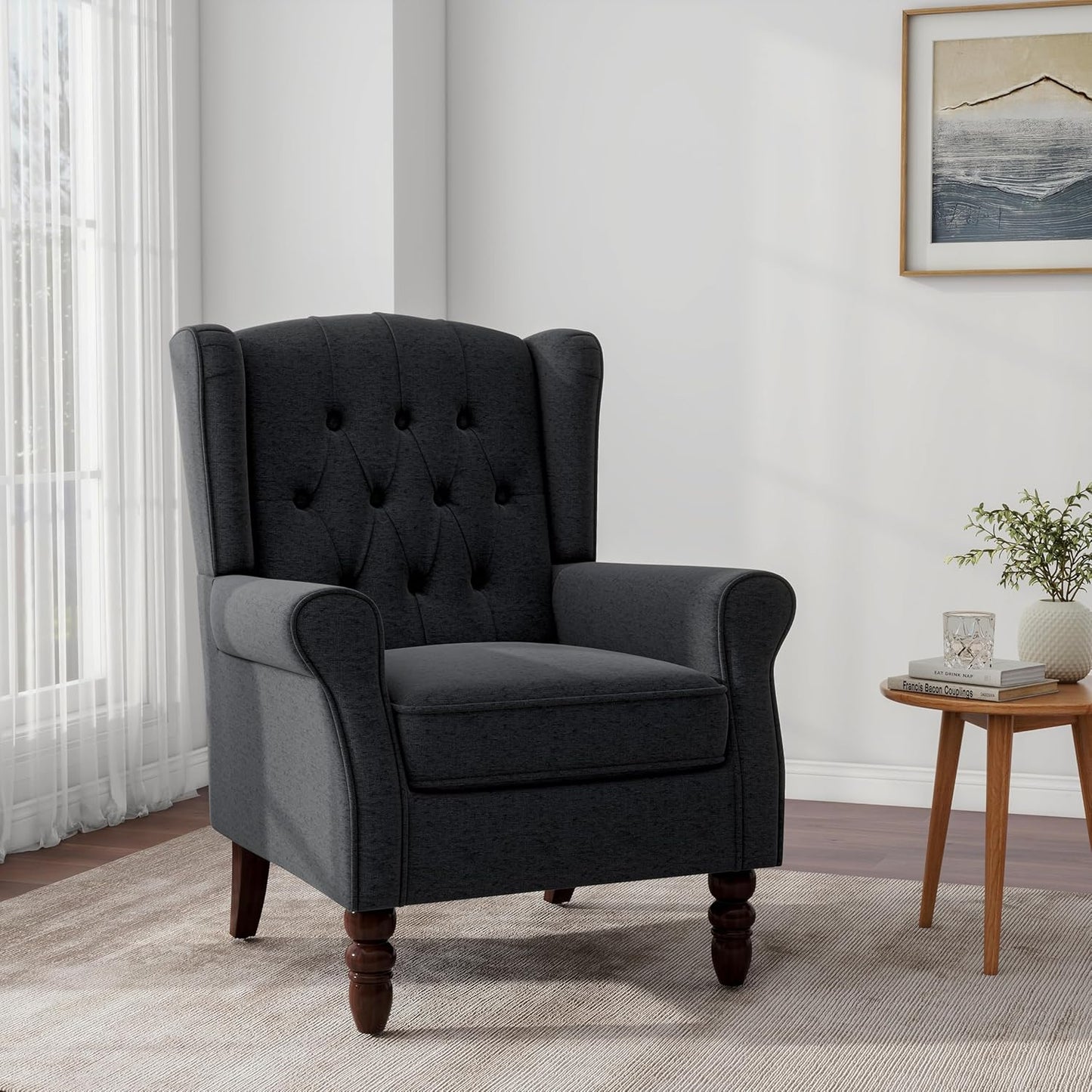 Accent Chair, Upholstered Armchair with Button Tufted High Back & Solid Wood Legs, Comfy Wingback Reading Single Sofa Chair for Small Spaces, Living Room, Bedroom-Blue,1 SEAT