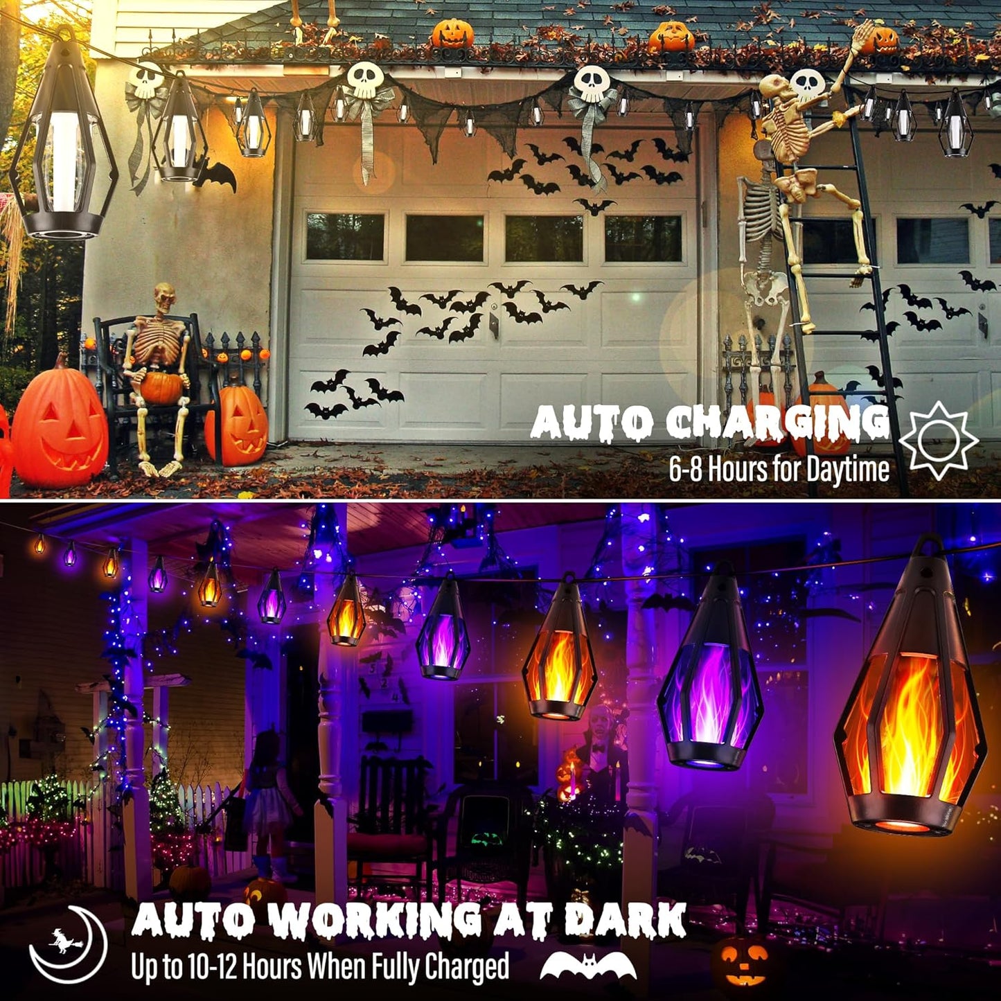 iBaycon Solar Halloween Lights, 42Ft 15 LED Bulbs Flickering Flame String Light, Outdoor Waterproof Solar Flame Lights for Garden Yard Patio Halloween Decorations (Warm White + Purple)