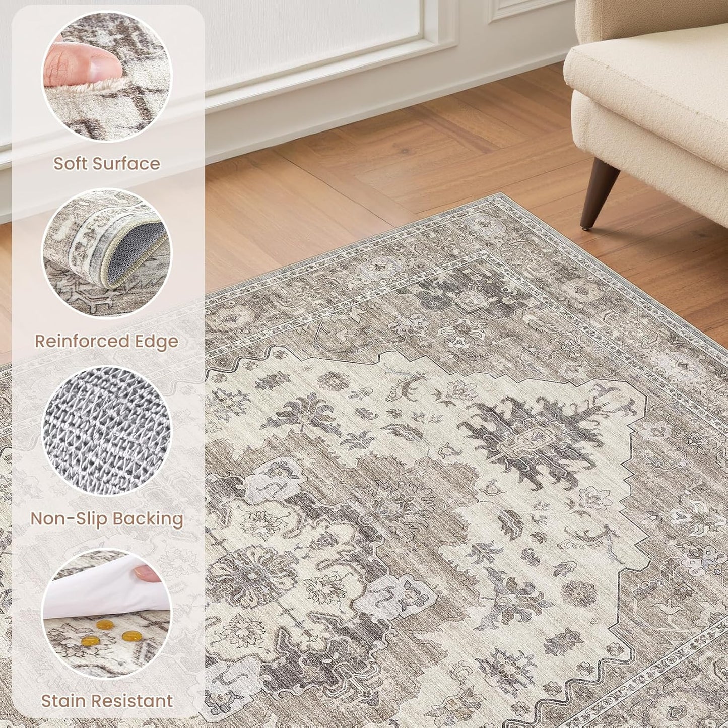 Washable Area Rugs for Living Room - 10x14 Neutral Vintage Distressed Floral Farmhouse Boho Large Soft Floor Rug Indoor Non Slip Carpet for Living Room Bedroom Dining Room Office-Brown/Beige
