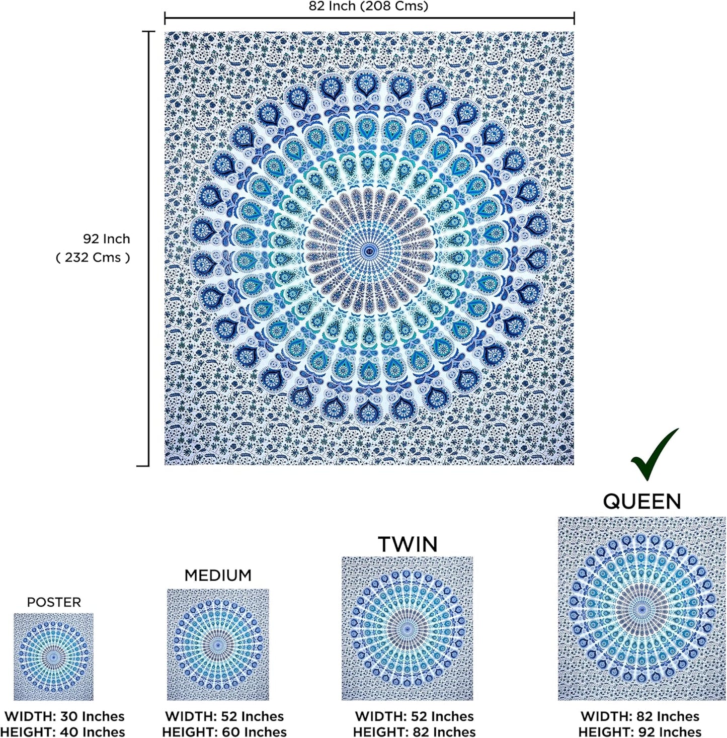 raajsee White Blue Tapestry- Best Mandala Wall Hanging- Bedding Tapestry For Bedroom Aesthetic-Size QUEEN 210 X 220 CMS