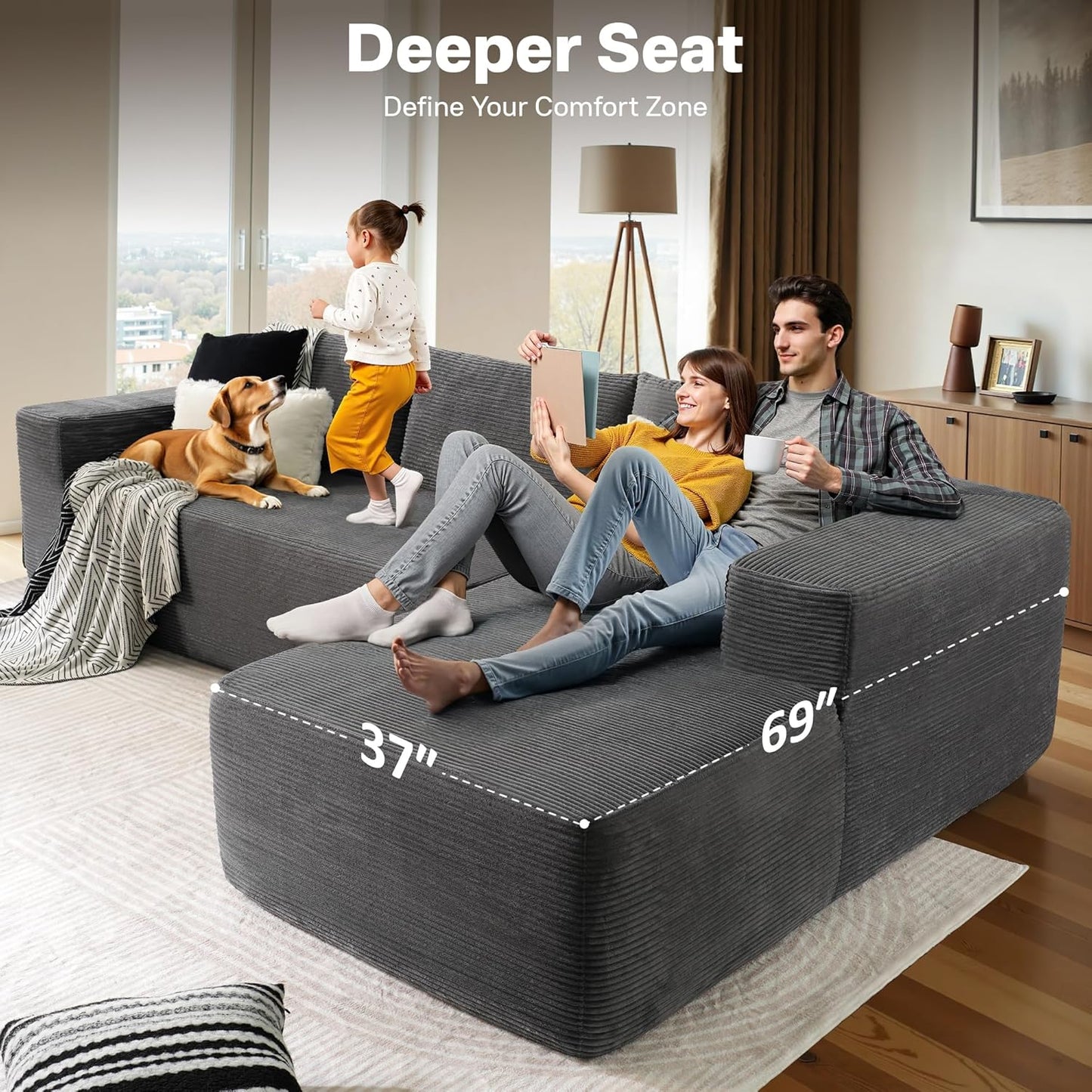 104" Cloud Sectional Couches for Living Room,L Shaped Boneless Couch in A Box,Sleeper Sofa with Comfy Chaise No Assembly Required,Grey
