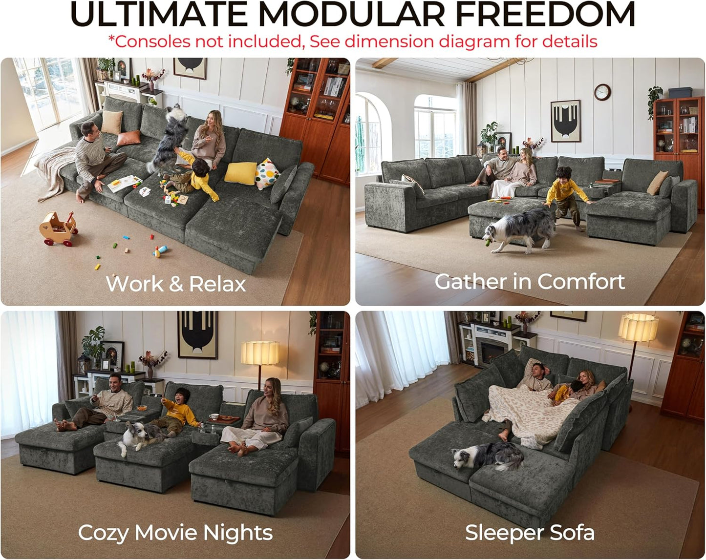 Oversized Modular Sofa Comfy Cloud Couch with Storage, Extra Deep Plush Sectional Sofa Set for Living Room, Covers Washable, Chenille, Olar (Grey, 6-Seater with 3 Ottomans, Sleeper)