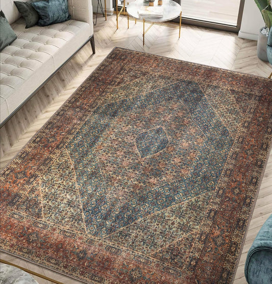Keen Home Design 6x9 Rug - Machine Washable Area Rug with Non-Slip Backing, Ideal for Living Room, Dining Room, Bedroom - Vintage, Easy Clean, Durable, Low Pile Rug - (6' x 9')