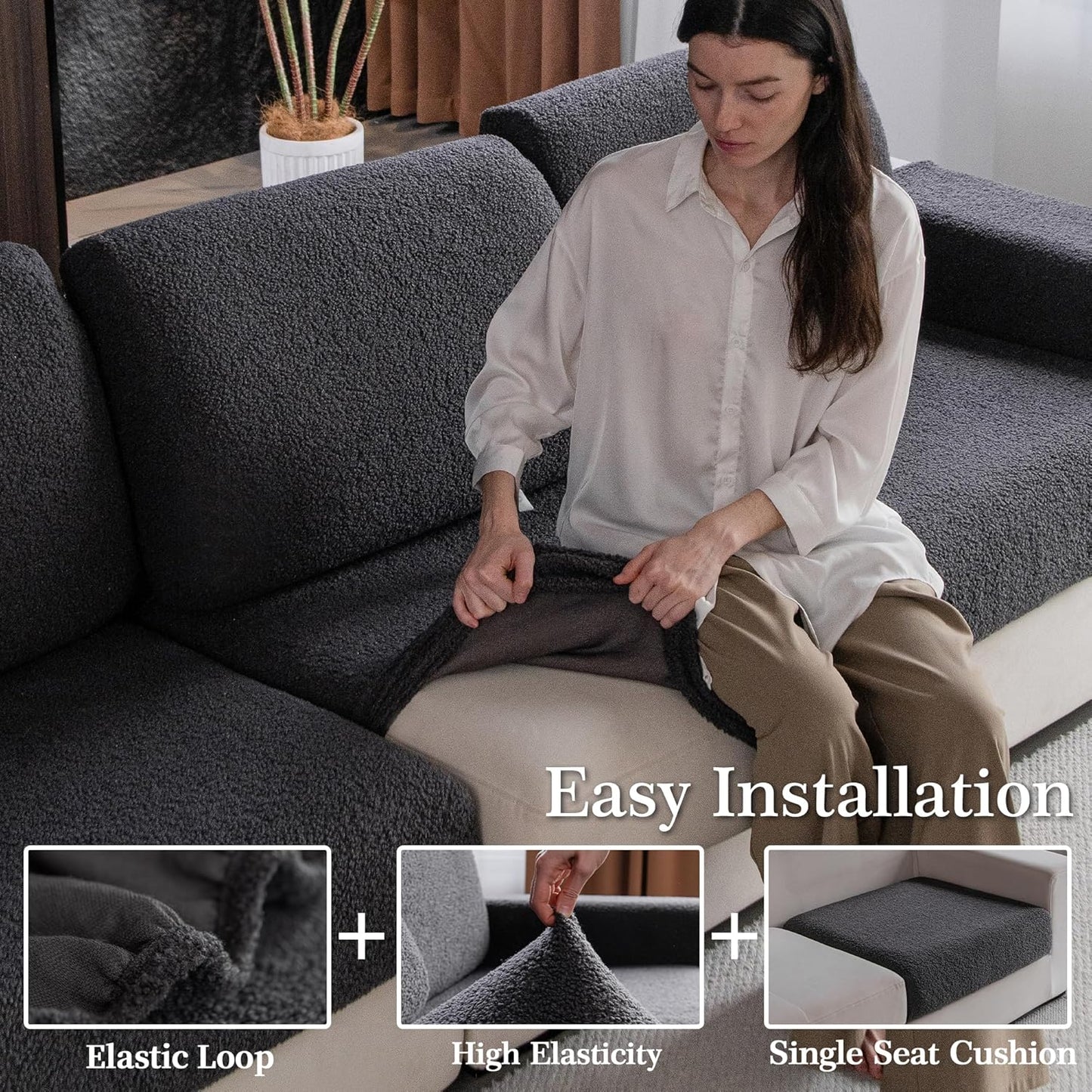 Couch Cushion Covers for Sectional Sofa, Stretch Soft Sofa Slipcovers Washable Wear-Resistant Universal Furniture Protector for Living Room(3 Seaters Covers, Dark Gray)