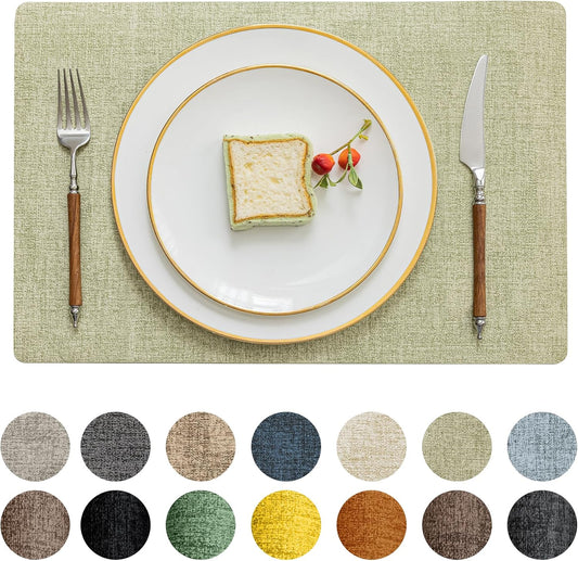 Romanstile Vinyl Placemats Set of 8-12 X 18 Inch - Heat Resistant Place Mats 100% Waterproof Oilproof Wipeable Reversible Faux Leather Table Mats for Kitchen/Dining/Party/Outdoor, Grass Green