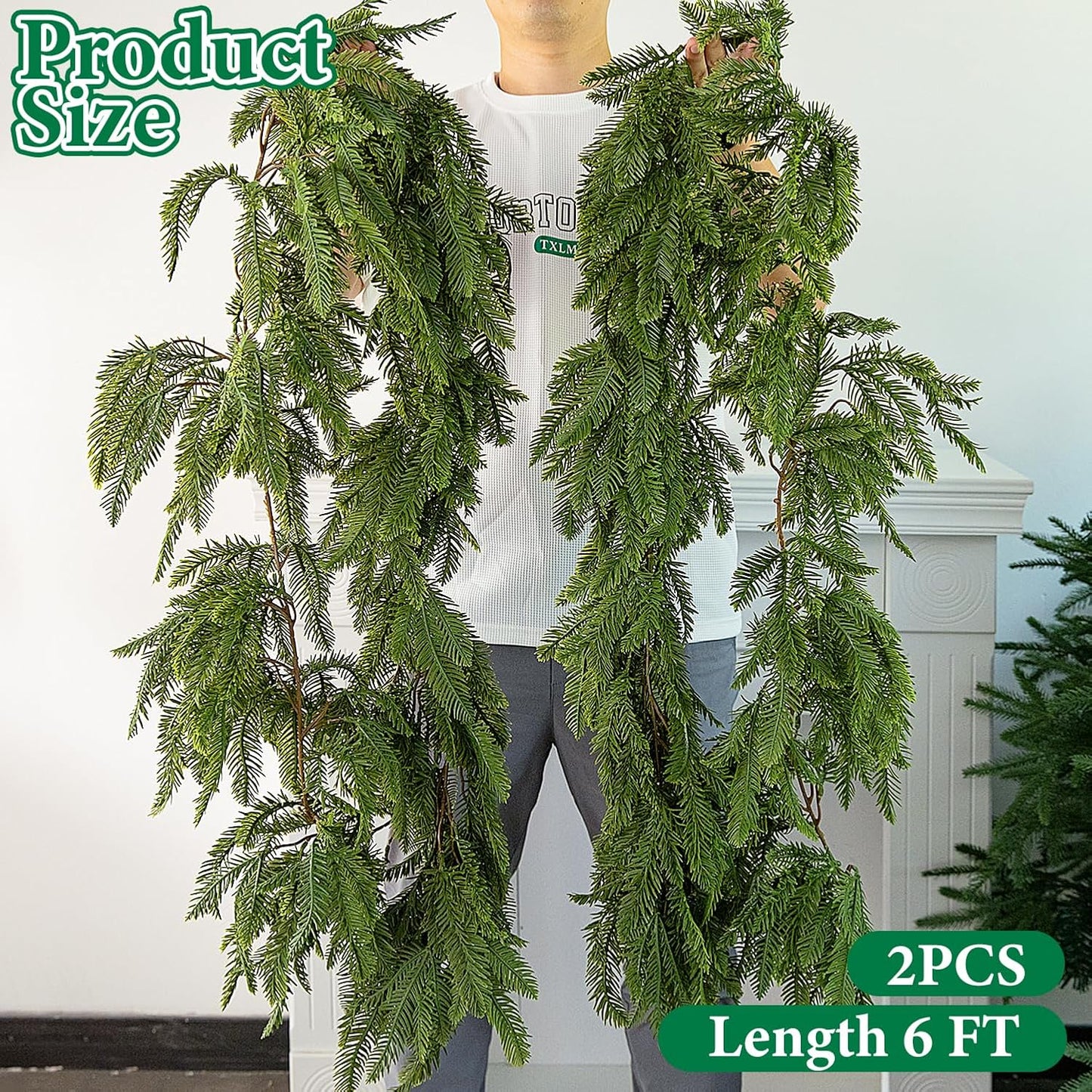 Watayo 2 Pcs Christmas Norfolk Pine Garland, 6 Ft 3 Fork Dense Real Touch Pine Garland Ornament, Realistic Artificial Pines Greenery Garlands for Christmas Holiday Mantle Fireplace Table Home Decor