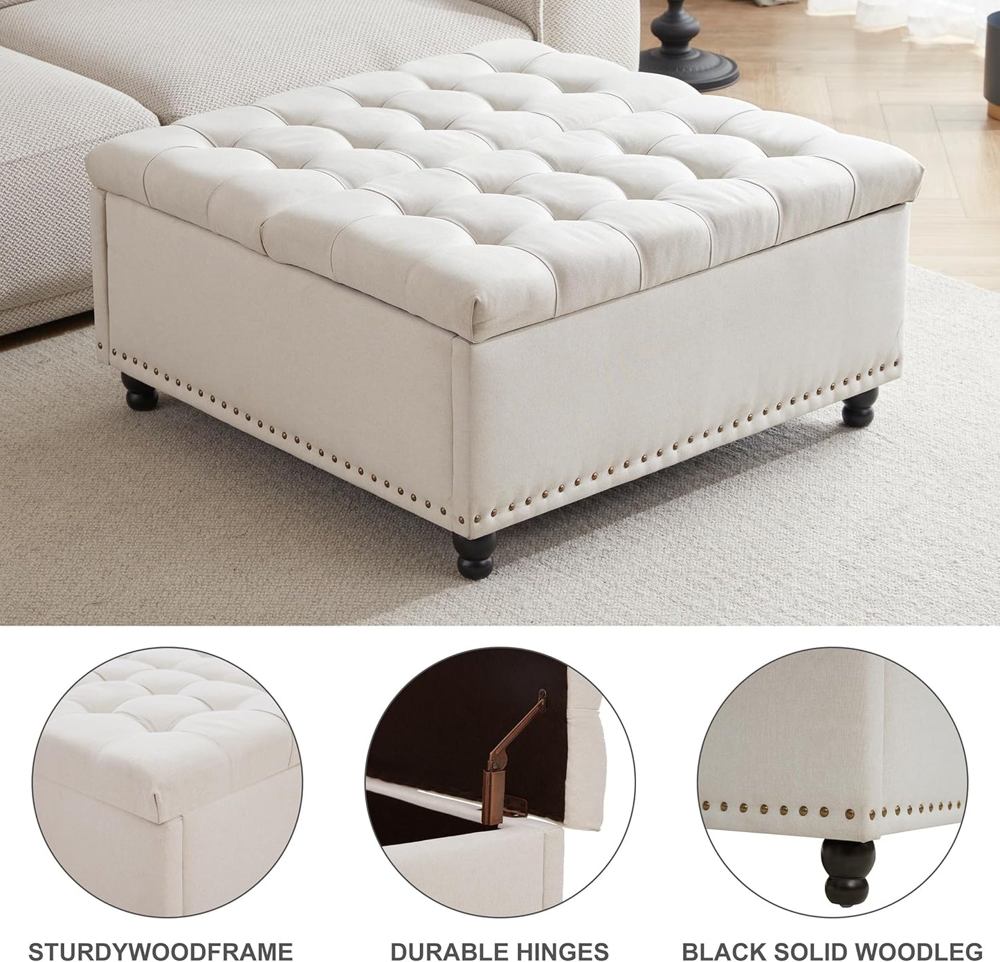 Tbfit Large Square Storage Ottoman Bench, Tufted Upholstered Coffee Table with Lift Top & Solid Wood Legs, Oversized Storage Ottomans Toy Box for Living Room (Beige)