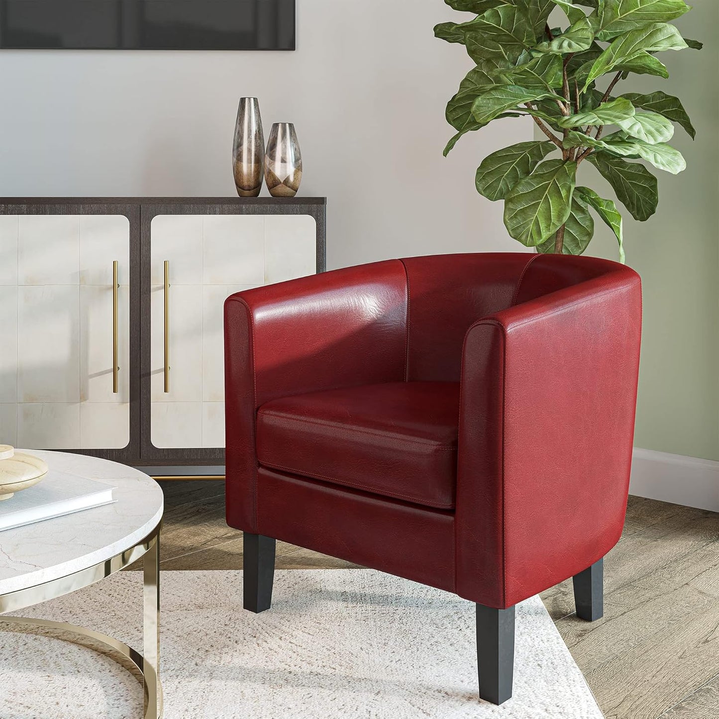 BELLEZE Accent Barrel Chair, Linen Round Chair Club Tub Sofa Corner Chair with Flared Legs and Cozy Soft Padding for Living Room Bedroom Waiting Room - Red