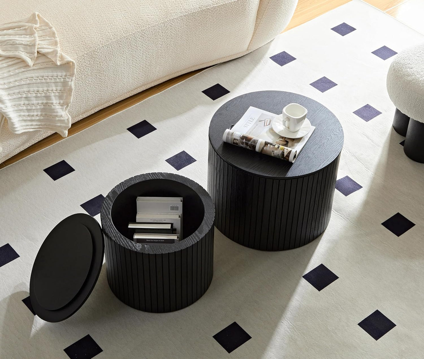 Round Nesting Coffee Table with Storage, 19.17" Modern Wooden Coffee Tables Set of 2, Circle Side Table for Small Spaces,Accent End Table for Living Room, Apartment, Office, Dorm, Black