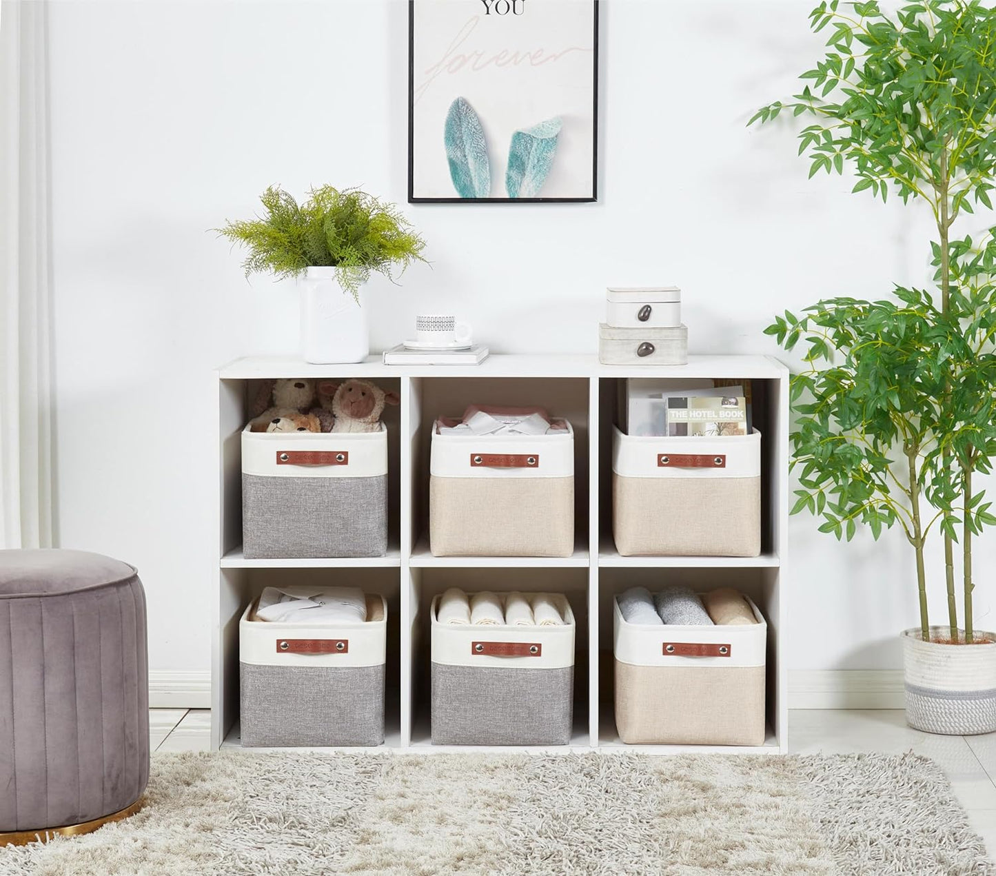 DECOMOMO Storage Bins Fabric Storage Baskets for Shelves, Linen Closet Organization Toys Nursery (Beige and White, Large - 3 Pack)