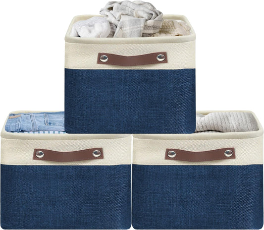 SIMPLE HOUSEWARE Large Fabric Storage Bin, 15" x 11" with Leather Like Handles, 3 Pack, Steel Blue