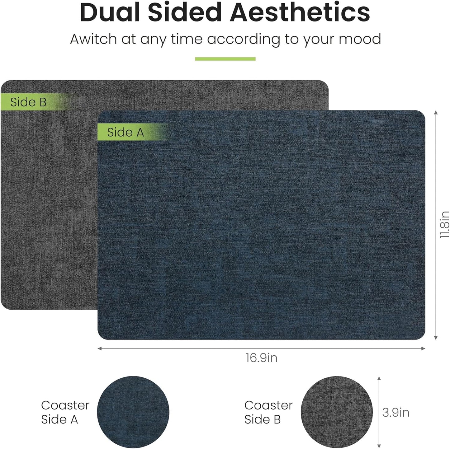 Faux Leather Dual Sided Placemats Set of 6, Square Non-Slip Heat Resistant Placemats with Coaster, Reversible wipeable Waterproof Table Mats for Kitchen, Dining, Outdoor (6, Black Navy Blue)