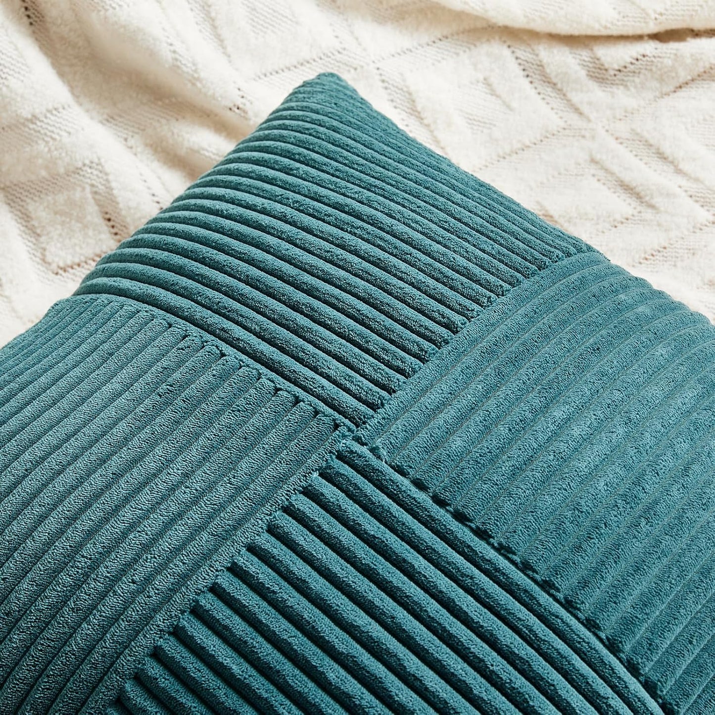 Fancy Homi 2 Packs Teal Decorative Throw Pillow Covers 22x22 Inch for Living Room Couch Bed Sofa, Rustic Farmhouse Boho Home Decor, Soft Corss Corduroy Patchwork Accent Square Cushion Case 55x55 cm