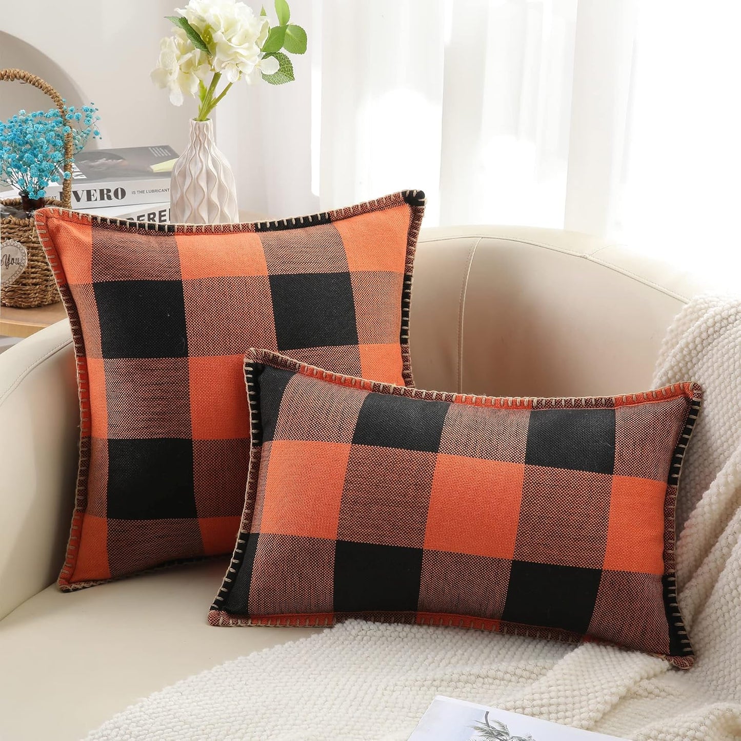 decorUhome Fall Orange and Black Decorative Throw Pillow Covers 22x22 Set of 2, Buffalo Plaid Check Farmhouse Cushion Covers with Stitched Edge for Autumn Harvest Couch Sofa Bed Home Decor