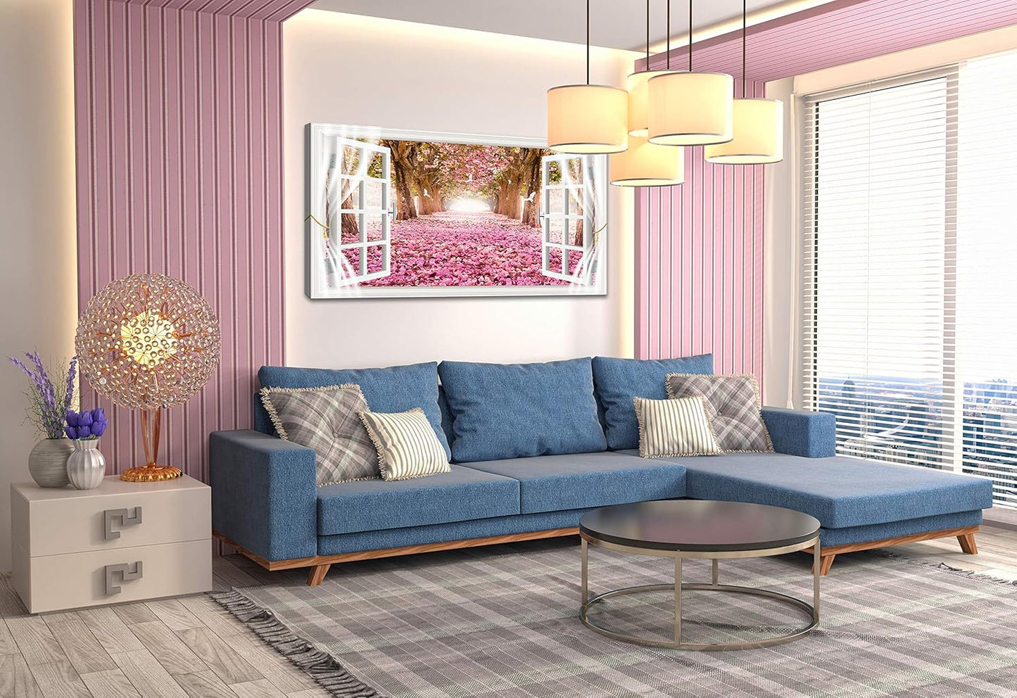 AH40174 Wall Art CanvasTrees and Pink Rose Paintings Printed Pictures Stretched and Framed Ready to Hang for Home Decorations Office Wall Decor Artwork 28x56inch