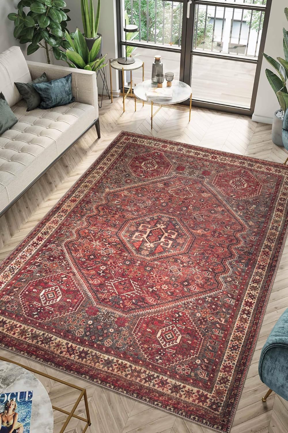 Keen Home Design 5x7 Rug - Machine Washable Area Rug with Non-Slip Backing, Ideal for Living Room, Dining Room, Bedroom - Vintage, Easy Clean, Durable, Low Pile Rug - (5' x 7')
