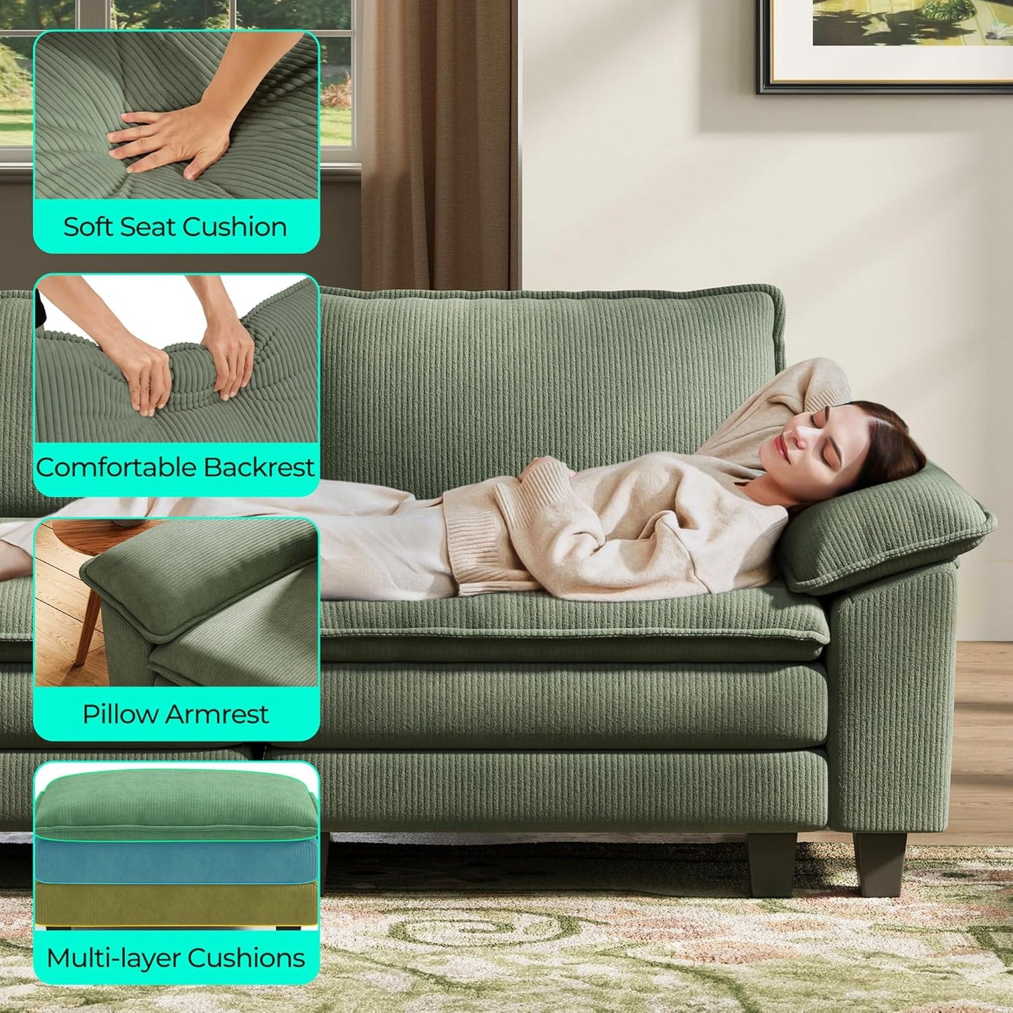 LINSY HOME Modular Sectional Sofa - 157'' Oversized Corduroy Cloud Couch U Shaped Couch with Movable Ottoman Soft Modern Comfy Sofa for Living Room Apartment Office, Green