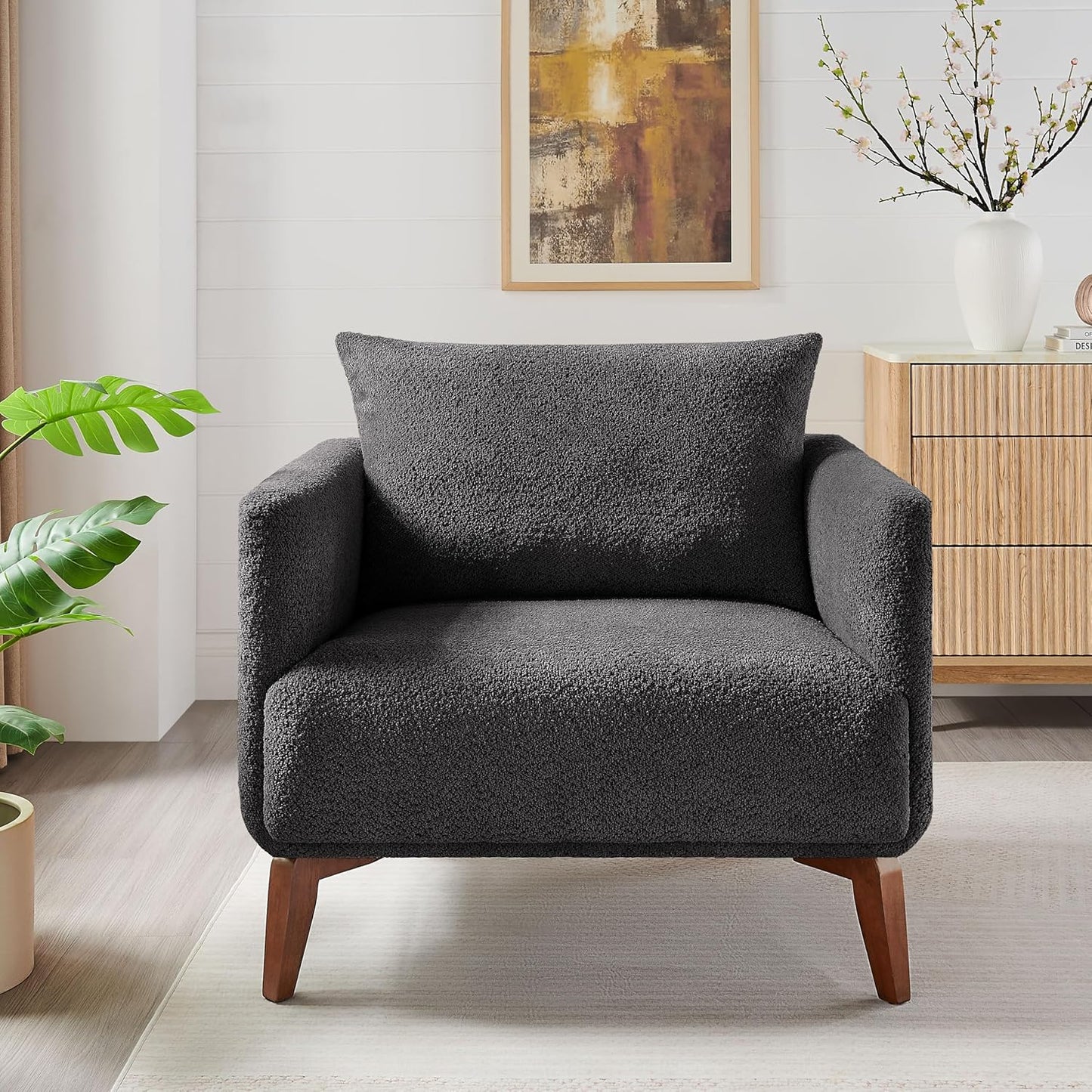 Oversized Accent Chair Modern Boucle Armchair for Living Room Sets of 2 - 37" Wide & Cozy Reading Chair with Solid Wood Legs, Dark Gray Upholstered Lounge Chair for Bedroom & Office (Easy Assembly)