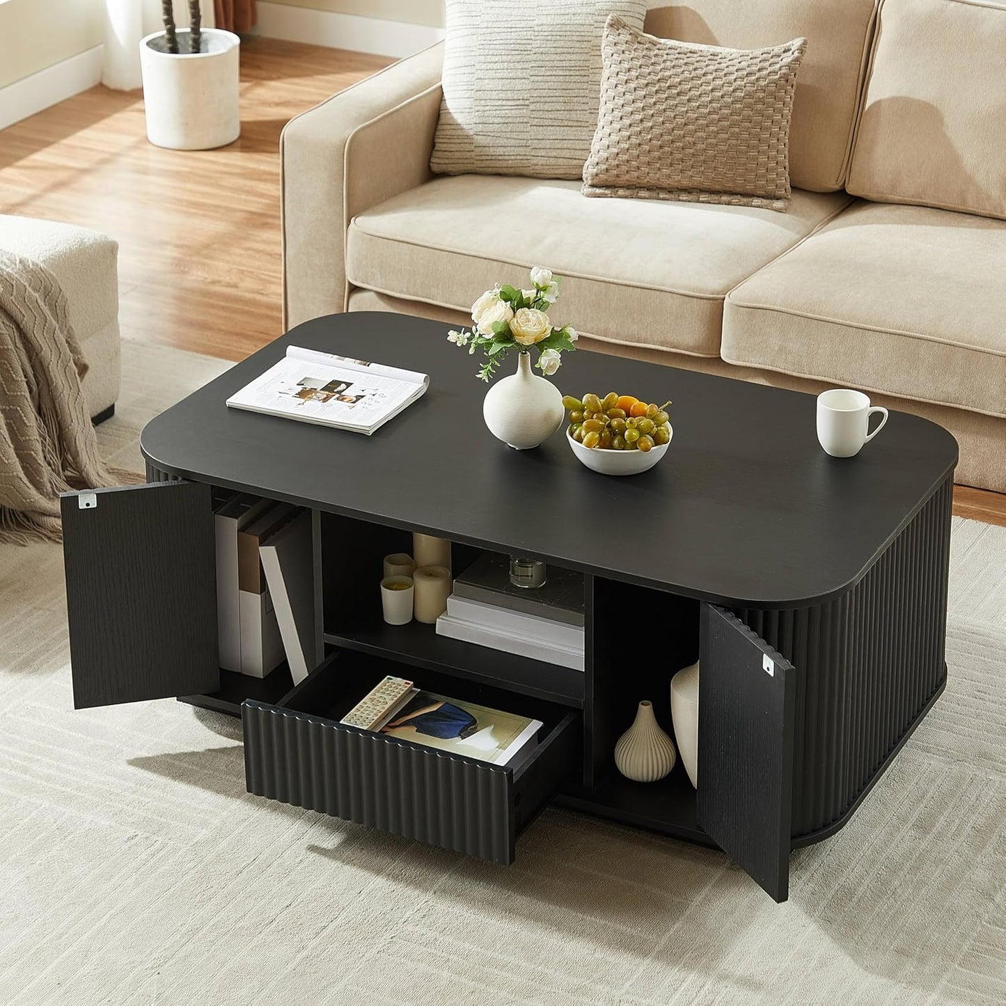 46.5" Oval Coffee Table with Drawers and Storage Mid Century Modern Fluted Solid Wood Side Coffee Tables, Luxury Tea Table Center Table for Living Rooms Offices Apartmen, Black