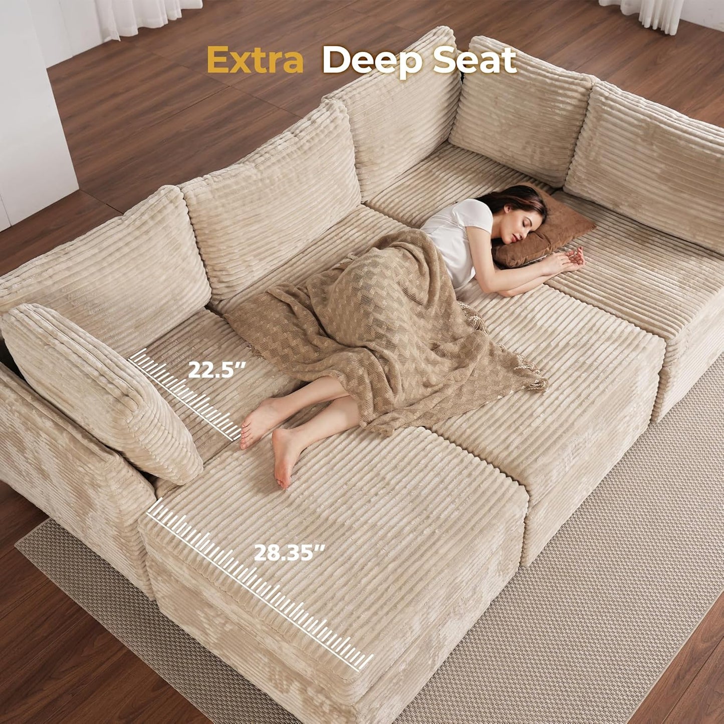 HOOOWOOO Modular Sectional Sofa,7 Pieces Sectional Couches for Living Room,131X98 U Shaped Cloud Couch Set(Beige Velvet Corduroy)