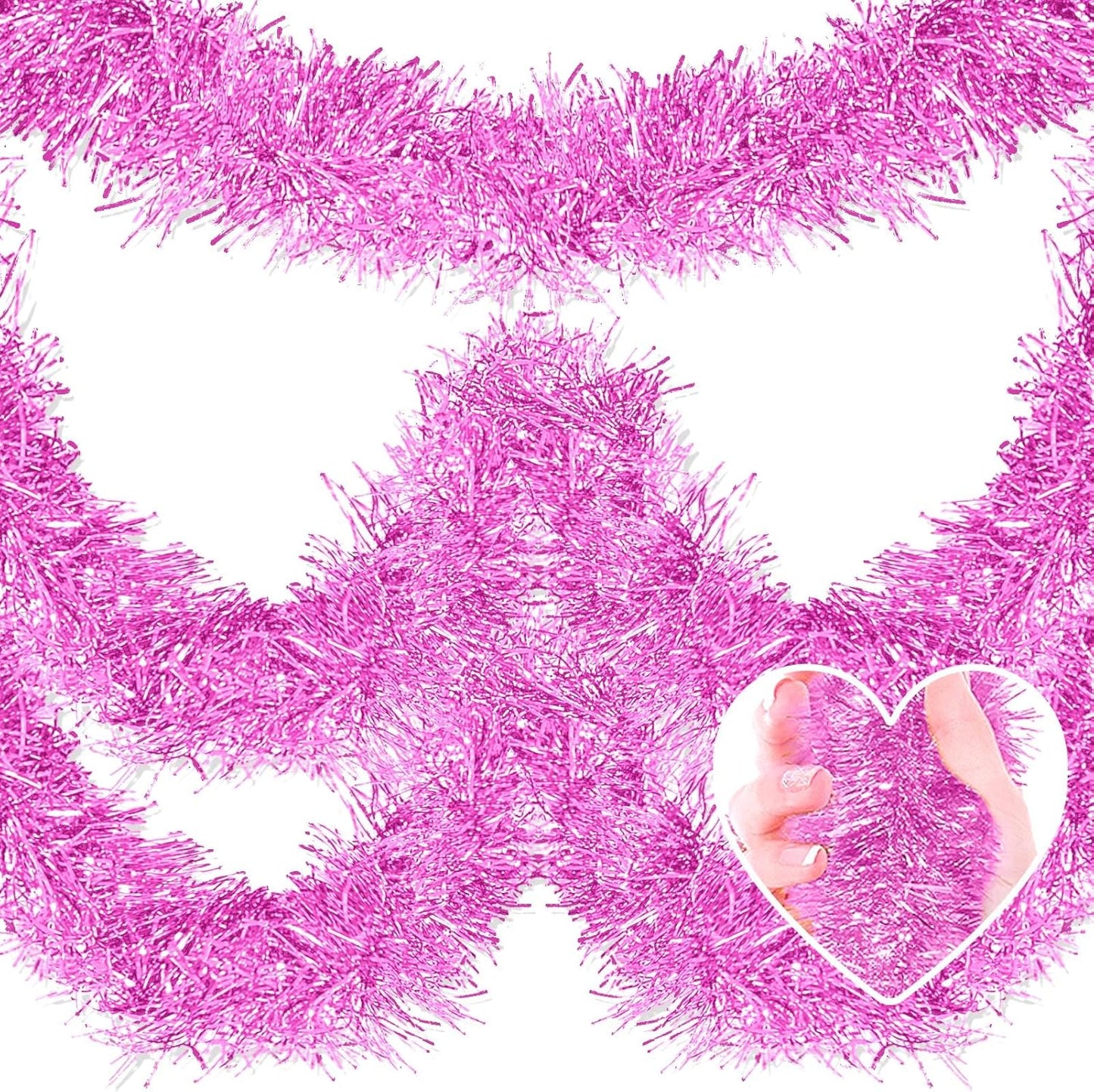 Macaron Pink Metallic Twist Tinsel Garland - 50ft x 2in Wall Hanging Backdrop for Christmas Eve, New Year & Valentine's Day Parties