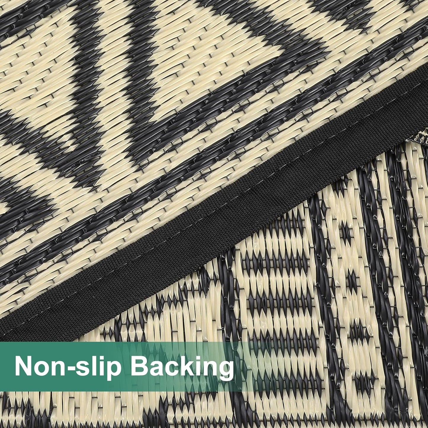 GAOMON Outdoor Rug 9'x12' Waterproof Rug for Patio Decor, Foldable Reversible Plastic Straw Area Rugs Mat for Camper, Outside Carpet for Deck, Porch, Picnic, Beach, Black/Coffee(Bohemia)