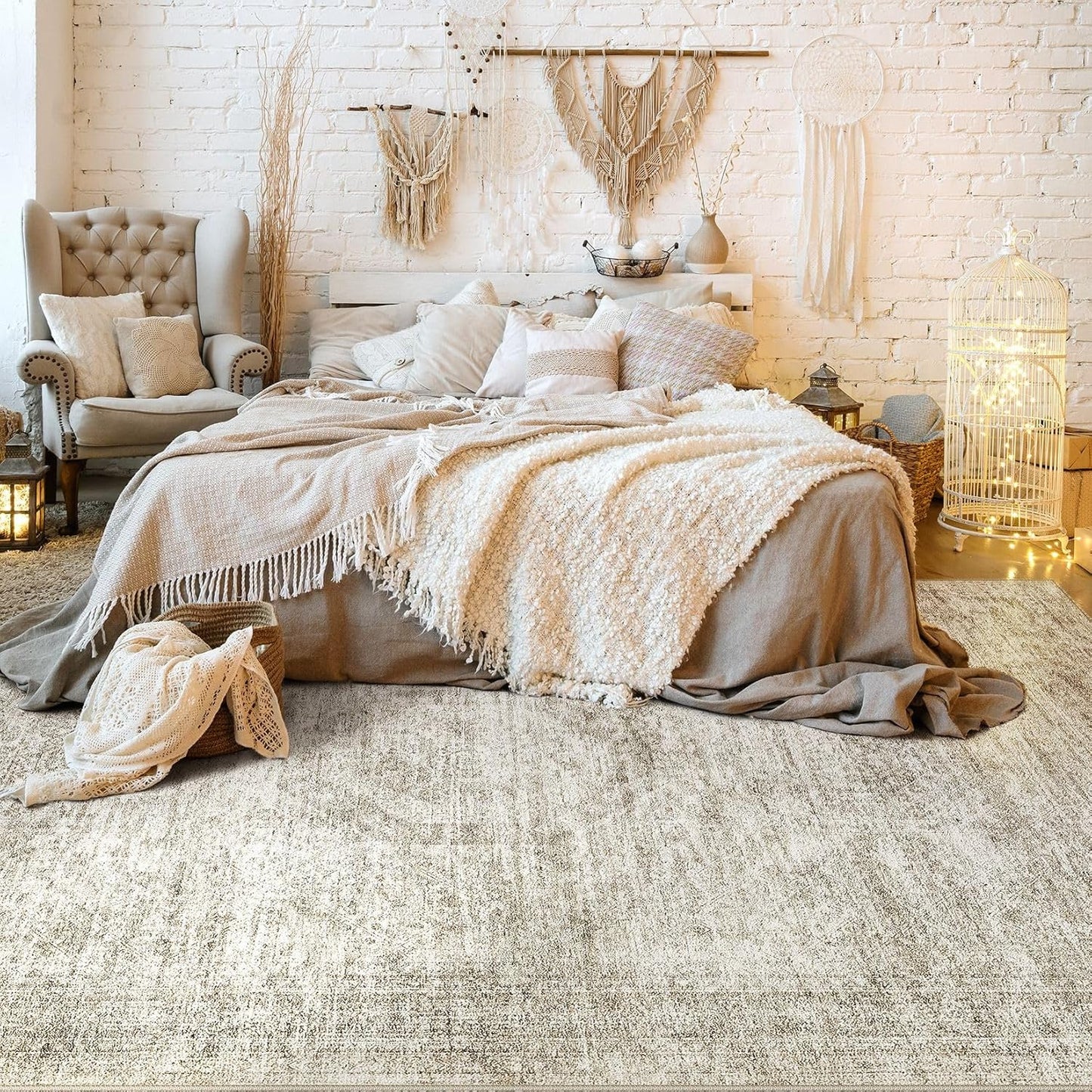 Washable Area Rugs for Living Room -10x14 Neutral Vintage Distressed Floral Farmhouse Boho Large Soft Floor Rug Indoor Non Slip Carpet for Living Room Bedroom Dining Room Office-Beige