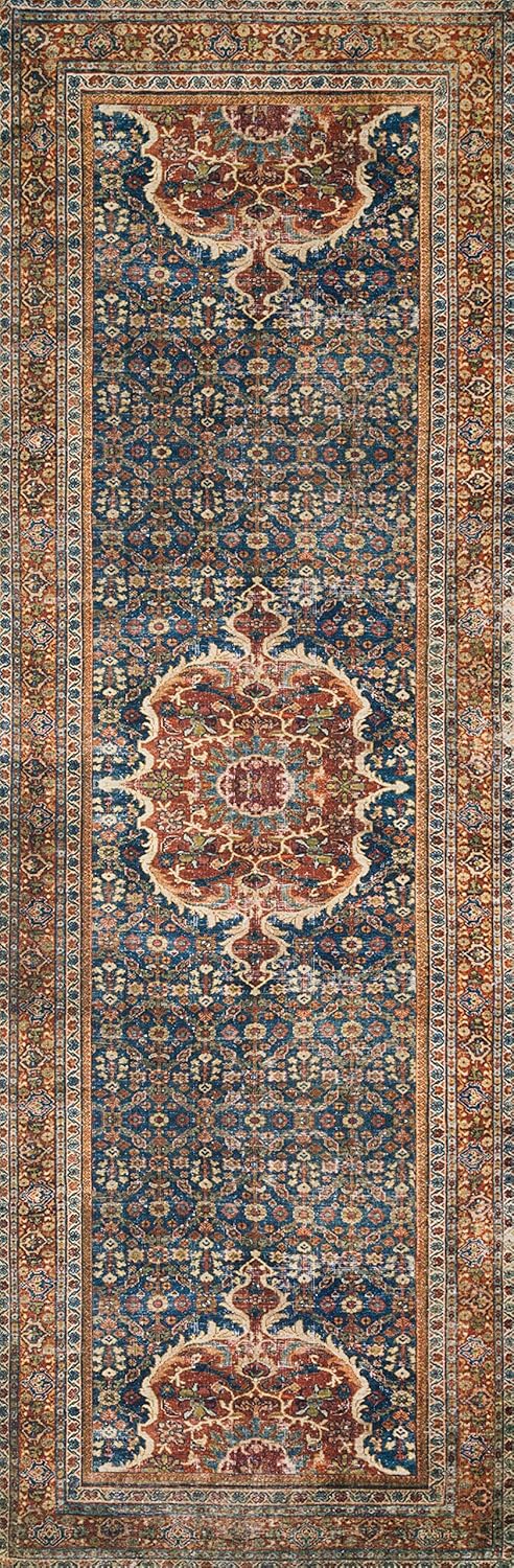 Loloi Layla Collection LAY-09 Cobalt Blue/Spice 2'-6" x 12'-0" .13" Thick Runner Rug, Soft, Durable, Vintage Inspired, Distressed, Low Pile, Non-Shedding, Easy Clean, Printed, Living Room Rug