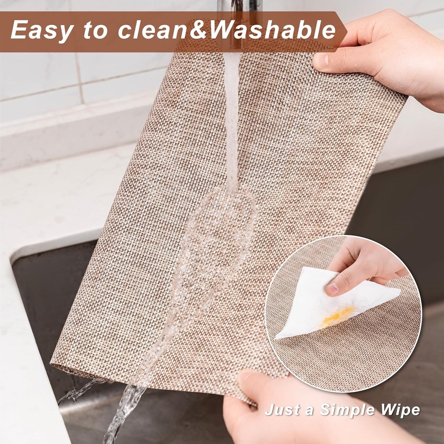 Placemats Set of 6 Washable Indoor/Outdoor Vinyl Place Mats for Dining Table Durable Non-Slip Heat Resistant PVC Weave Table Mats（Khaki）