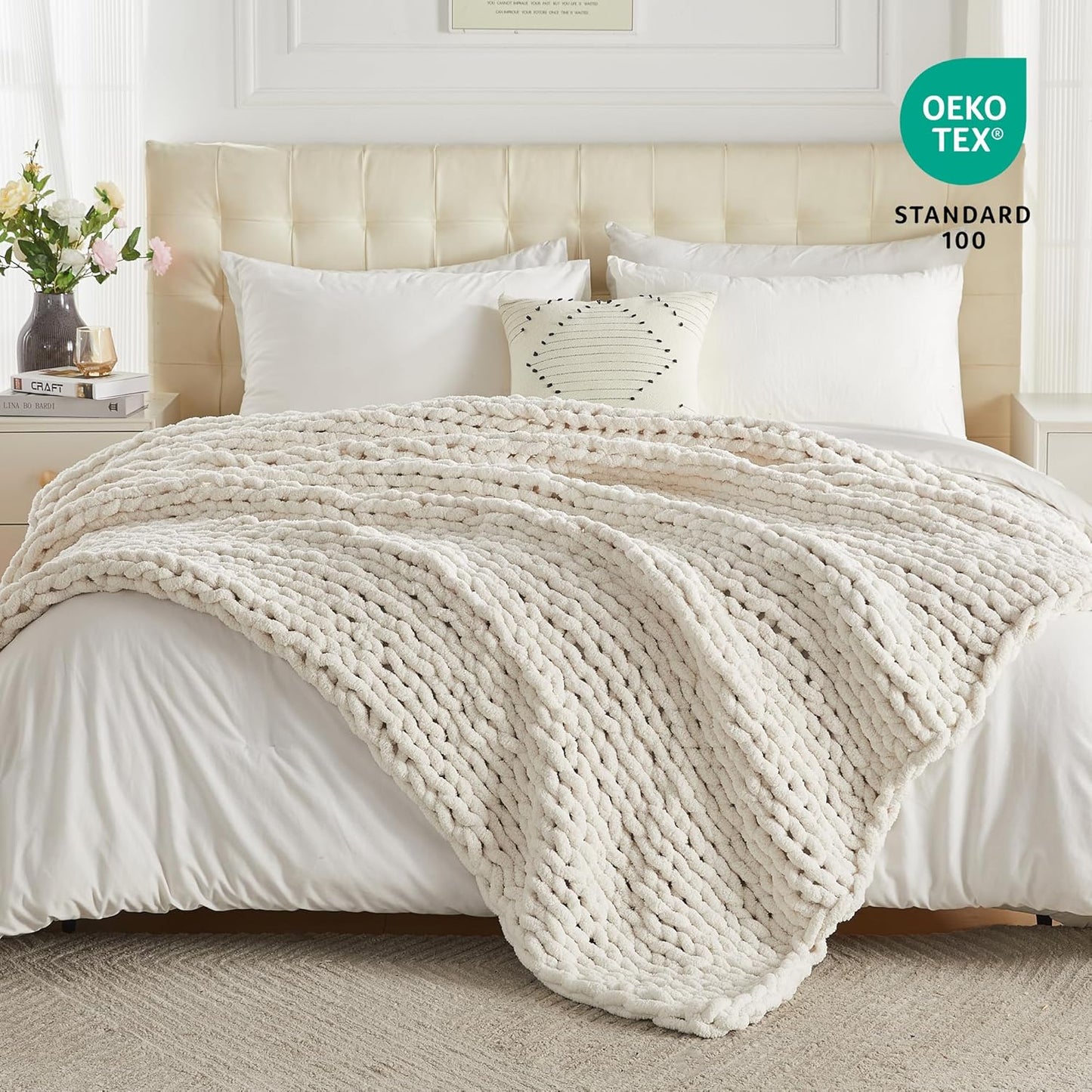Carriediosa Chunky Knit Throw Blanket 60" X 80" Twin, 100% Hand Made Large Chenille Loop Yarn Soft Fluffy Throws for Couch Sofa Bed, Big Crochet Cozy Heavy Thick Cable Woven Blankets, Cream White