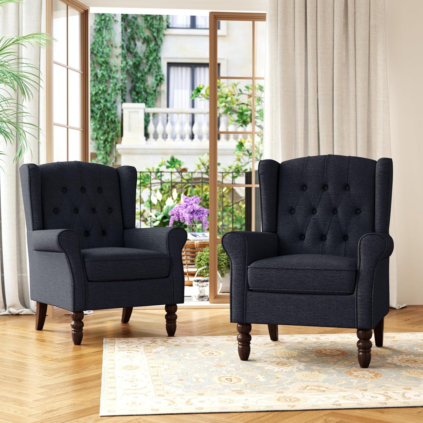 Accent Chair, Upholstered Armchair with Button Tufted High Back & Solid Wood Legs, Comfy Wingback Reading Single Sofa Chair for Small Spaces, Living Room, Bedroom (Blue, Set of 2)