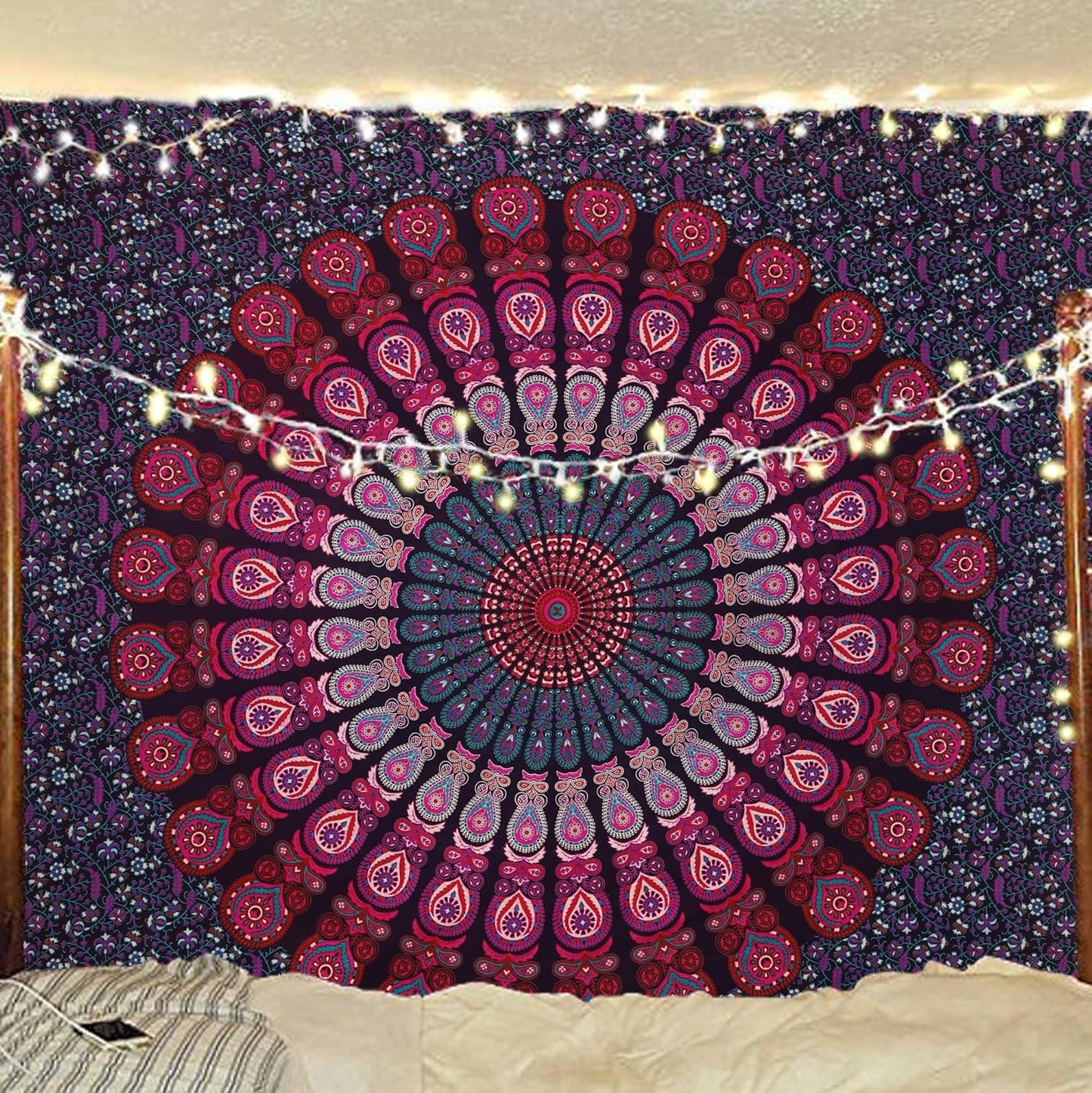 Bless International Handmade Indian hippie Bohemian Psychedelic Peacock Mandala Wall hanging College Dorm Beach Throws Table Cloth Bedding Tapestry (Purple Pink, Queen(84x90Inches)(215x230Cms))