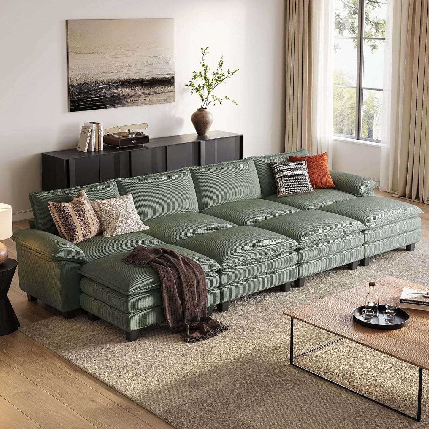 LINSY HOME Modular Sectional Sofa - 157'' Sleeper Sofa Cloud Couch Oversized Corduroy Sofa Bed with Movable Ottoman Soft Modern Comfy Couch for Living Room Apartment Office, Green