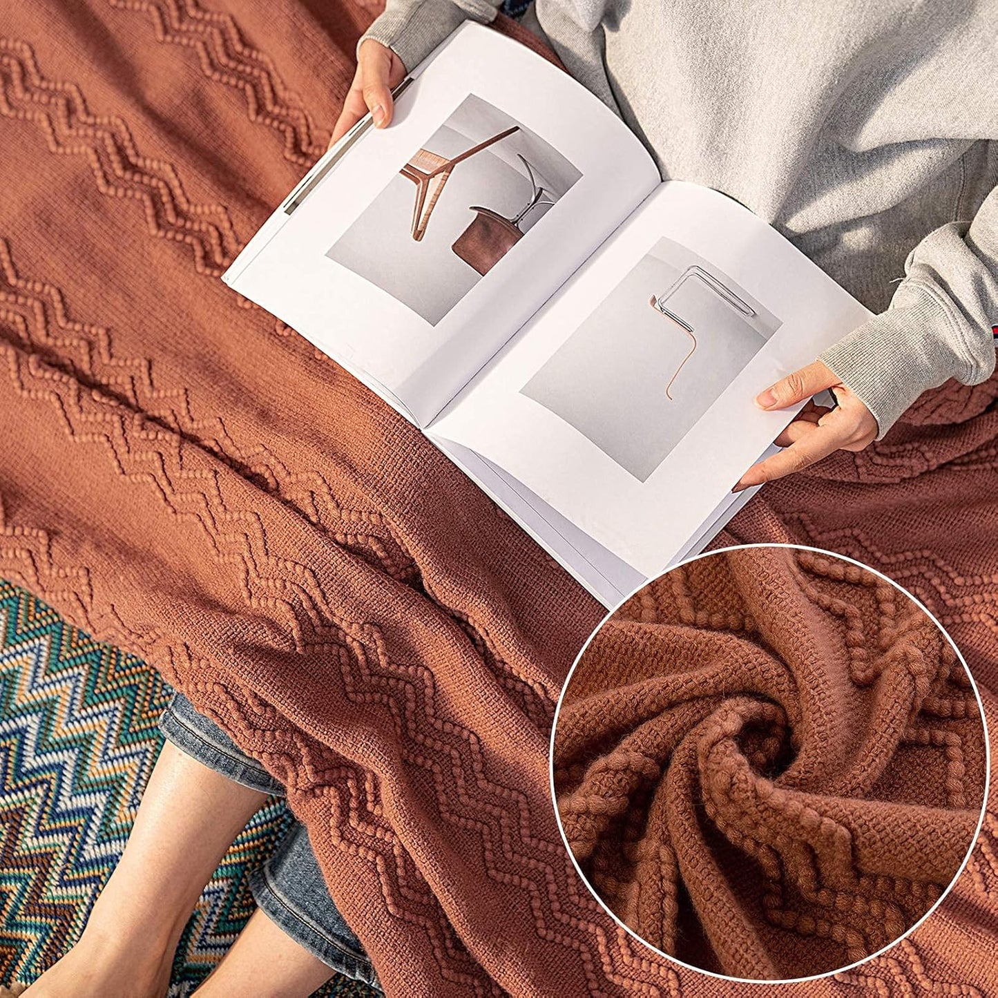 MIULEE Knitted Boho Throw Blanket for Couch Textured Knit Terracotta Rust Blanket with Tassels Cozy Woven Farmhouse Blanket for Sofa Bed Chair Wave Pattern Fall Decor 50"x60", Orange