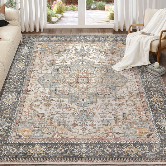 Washable Area Rugs for Living Room - 7x9 Neutral Vintage Distressed Floral Farmhouse Boho Large Soft Floor Rug Indoor Non Slip Carpet for Living Room Bedroom Dining Room Office - Forest Green Orange