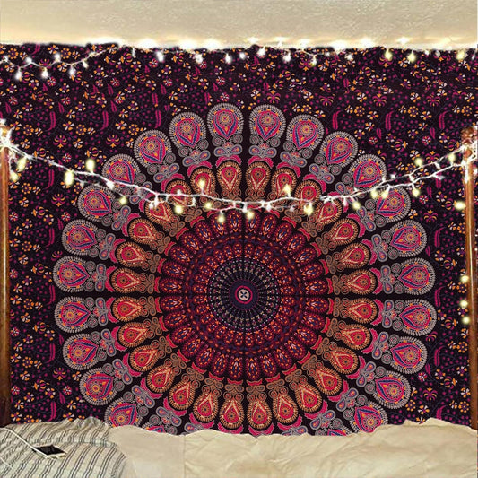 Bless International Handmade Indian hippie Bohemian Psychedelic Peacock Mandala Wall hanging College Dorm Beach Throws Table Cloth Bedding Tapestry (Golden Pink Blue, Twin(54x72Inches)(140x185cms))