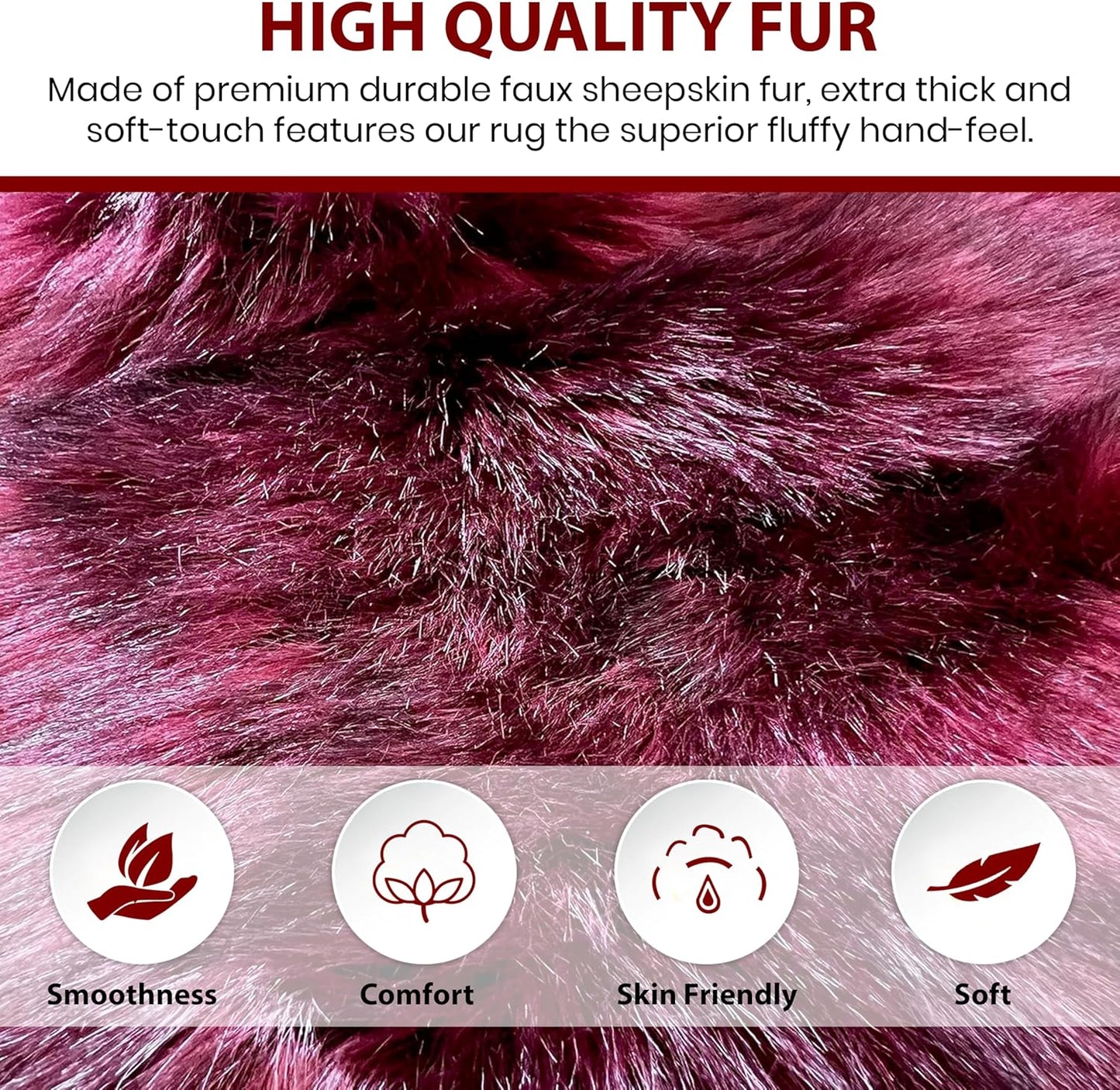 LAMBZY Faux Sheepskin Super Soft Hypoallergenic Free Shape Silky Shag Rug, Luxury Shaggy Plush Carpet for Bedrooms Living Kids Room Sofa Rugs (Burgundy, Double Side by Side 3'x4')
