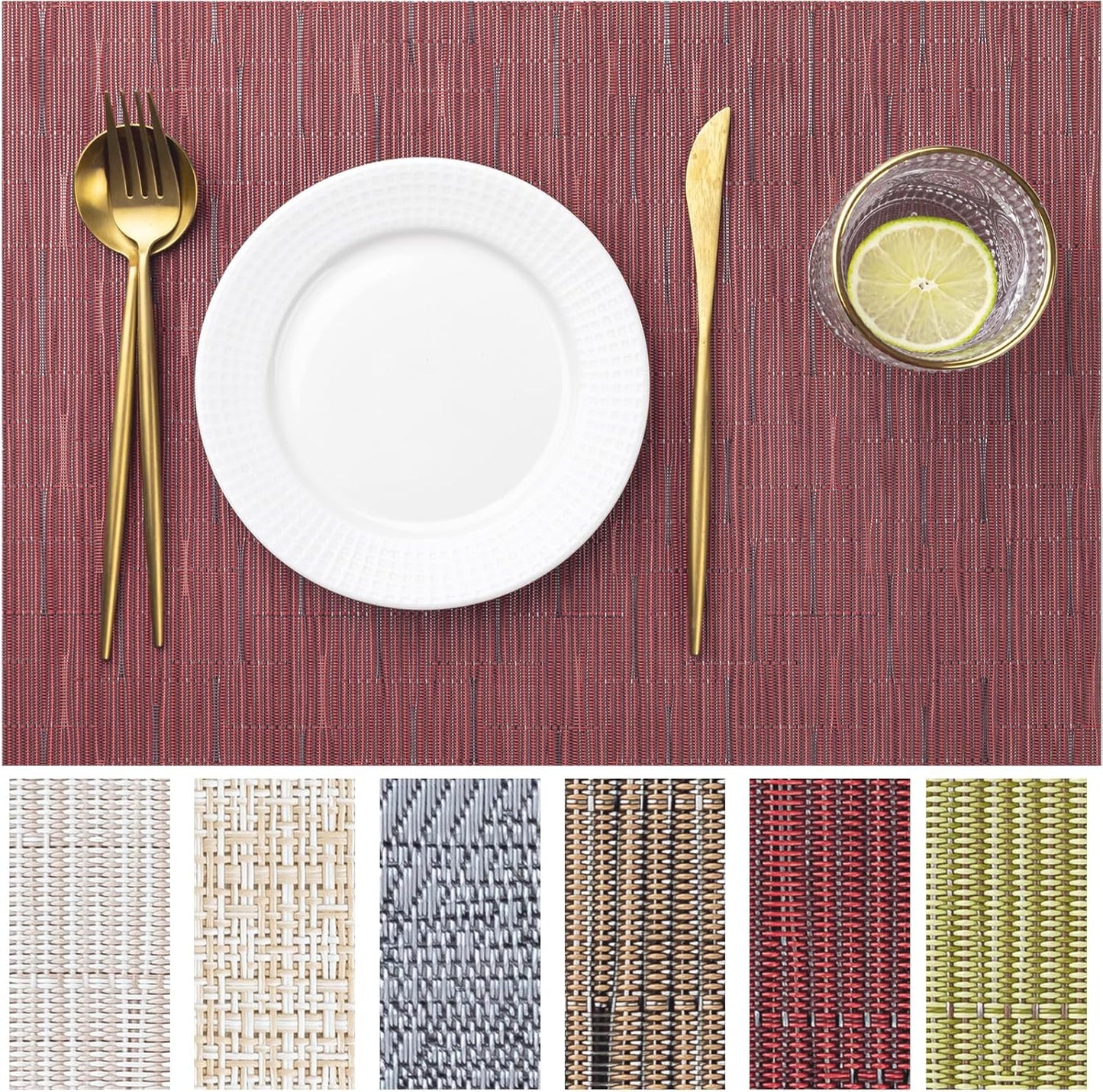 LEXMORE Placemats Set of 12 Vinyl/Plastic Woven Place Mats for Kitchen Table Indoor/Outdoor Washable Placemat Wipeable Dining Table Mats(Burgundy)