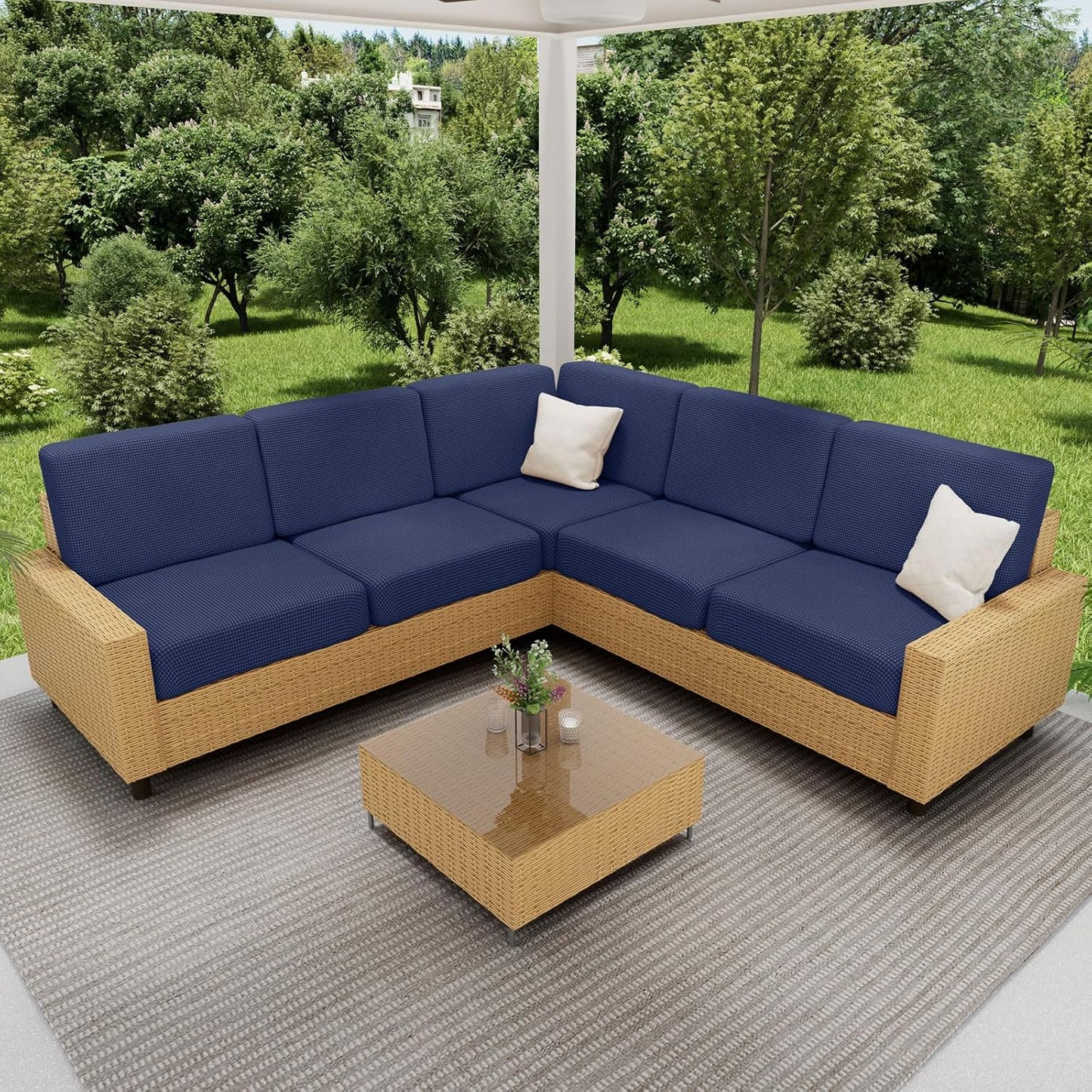 hyha Waterproof Couch Cushion Covers for Pets, Non Slip Sofa Seat Cover for Dogs Washable, Soft Thick Stretch Jacquard Fabric, Sofa Slipcovers with Elastic Bottom (3 Pieces, Navy)