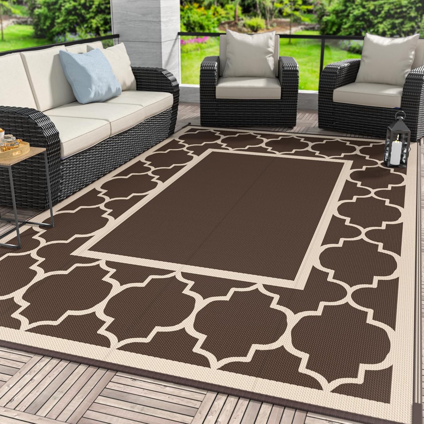 GENIMO 5' x 8' Outdoor Rug Waterproof for Patio Decor, Foldable Reversible Plastic Straw Area Rugs Mat for Camper, Outside Carpet for Rv, Deck, Porch, Picnic, Beach, Balcony, Coffee & Beige
